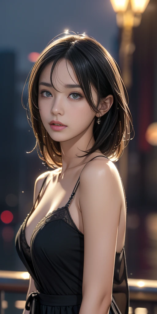 masterpiece, Highest quality, Miranda, (Half Body Shot,Street lamp,moon),masterpiece, One Girl, Solo Exhibitions, Beautiful woman on a busy street, Surrounded by peddlers, Beautiful Goddess Girl Portrait, Beautiful and elaborate face, Porcelain Skin, (((Bust Shot, center, night, Black Hair, short hair)), Very soft lighting, Symmetric, complicated, Grace, High detail, realism, art, concept art,