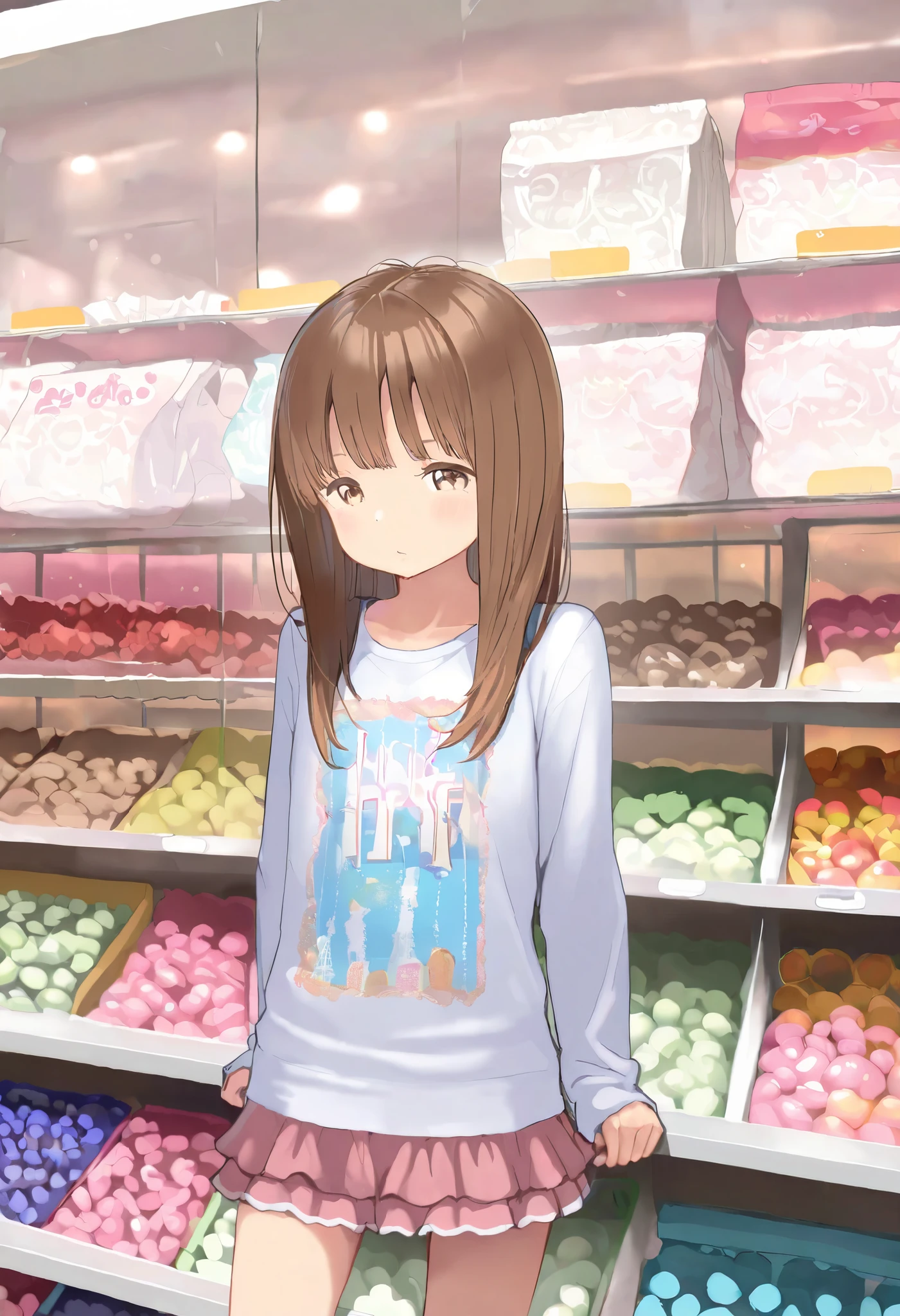 cute girl, 1girl, solo, brown hair, long hair, brown eyes, printed shirt, long sleeves, flared miniskirt, flat chest, standing in toy store, ultra detailed, highres, general, masterpiece, best quality, amazing quality, very aesthetic, absurdres, newest,