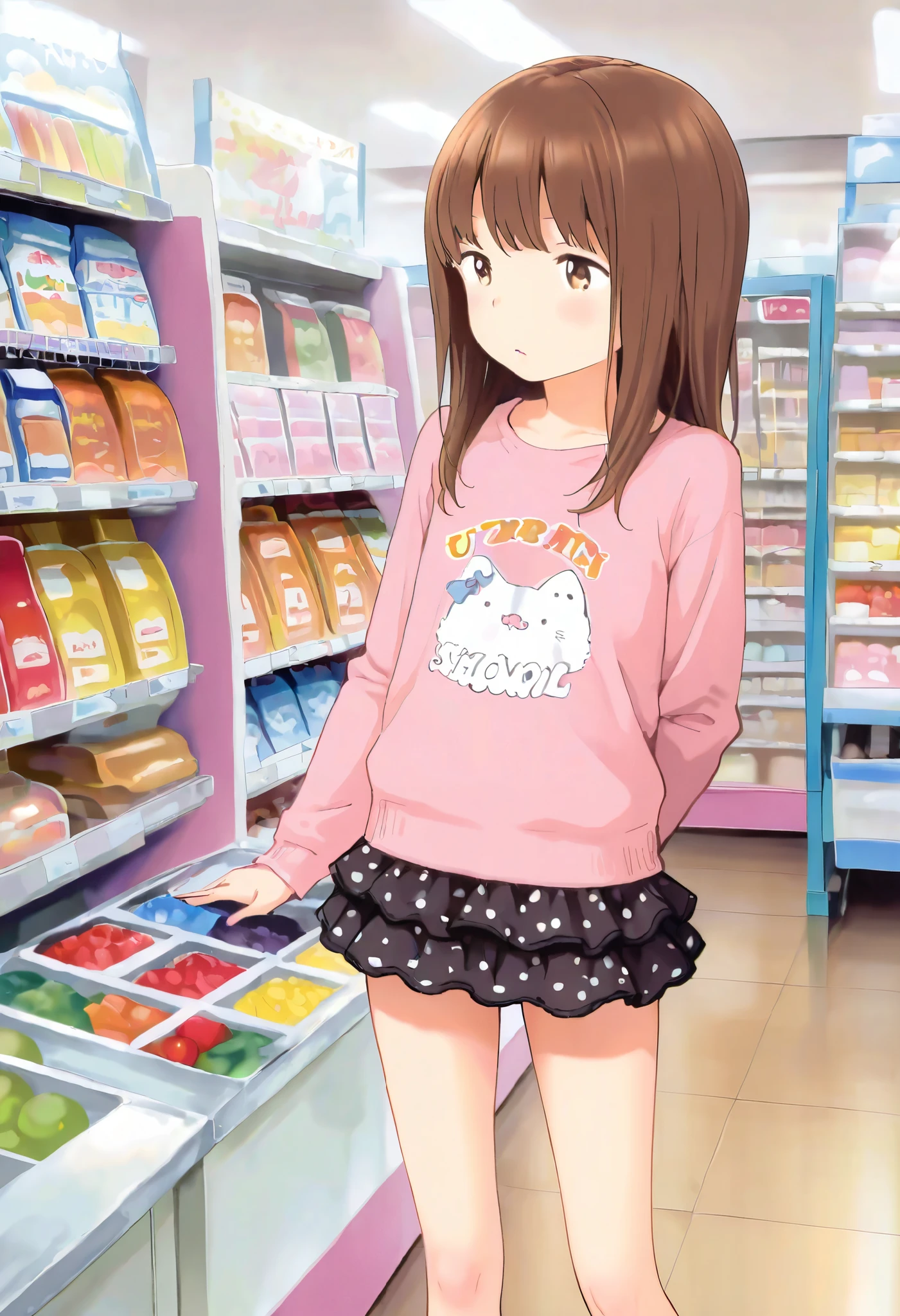 cute girl, 1girl, solo, brown hair, long hair, brown eyes, printed shirt, long sleeves, flared miniskirt, flat chest, standing in toy store, ultra detailed, highres, general, masterpiece, best quality, amazing quality, very aesthetic, absurdres, newest,
