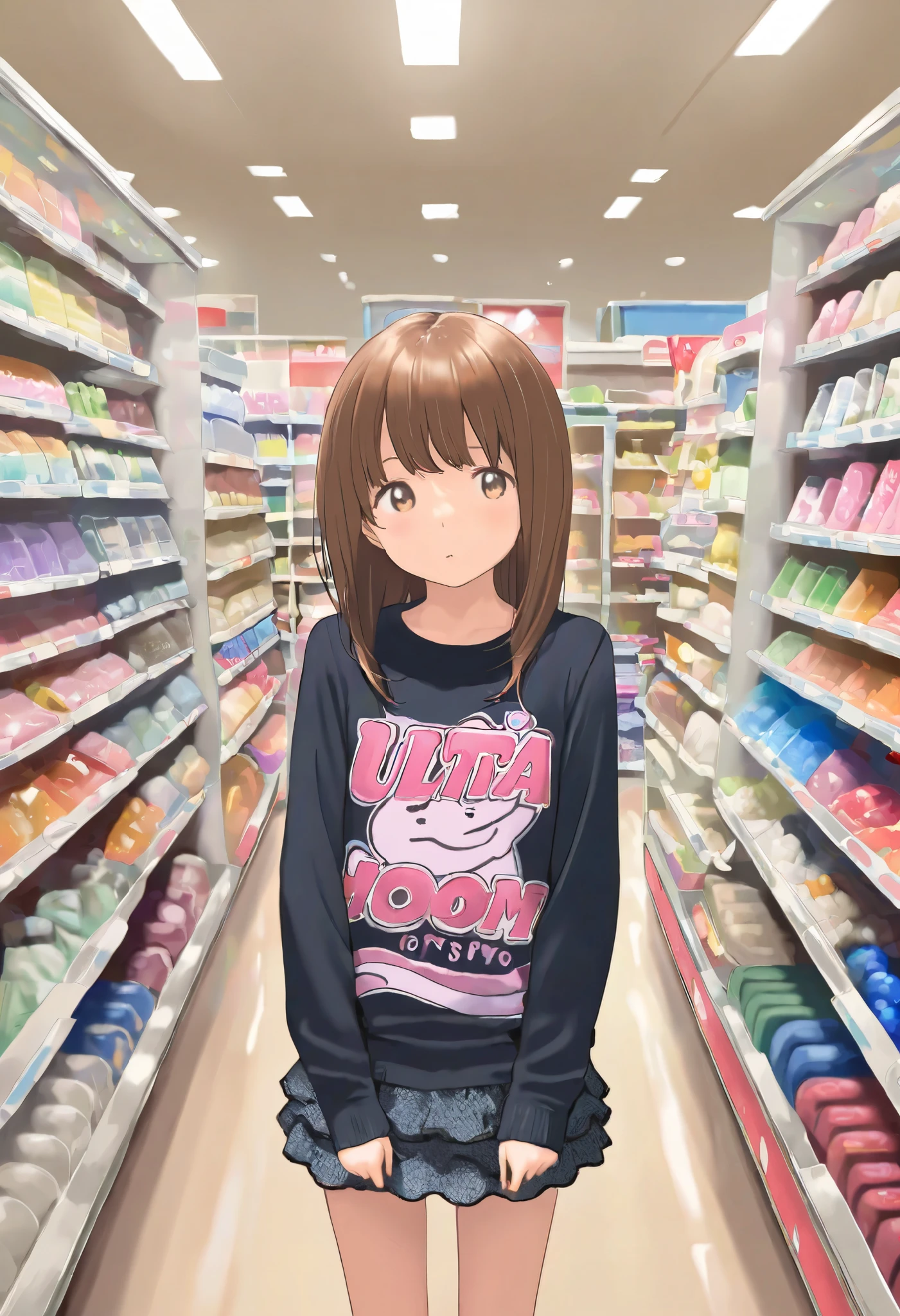 cute girl, 1girl, solo, brown hair, long hair, brown eyes, printed shirt, long sleeves, flared miniskirt, flat chest, standing in toy store, ultra detailed, highres, general, masterpiece, best quality, amazing quality, very aesthetic, absurdres, newest,