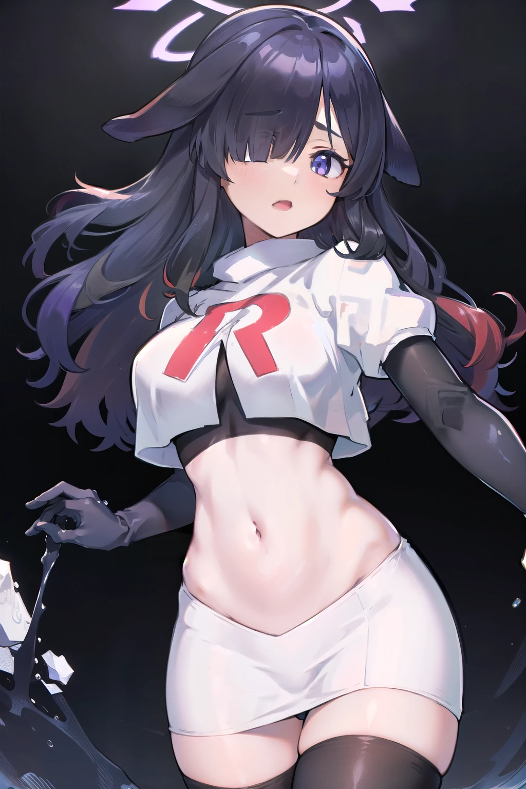 Erica、Pokémon、Black Hair、Short Hair、Large Breasts、Jail、One girl、((White thigh-high socks))、(Long gloves)、(first round)、(Chained)、((Crucified on the examination table))、(Being restrained)、Leg spread、(Team Rocket)、