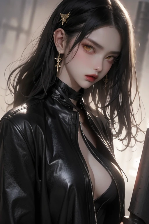 Beautiful girl with realistic black eyes, pale skin, medium length black hair, perfect face, perfect eyes, wearing a coat, very detailed, comprehensive movie, digital painting, 8K, cinematic lighting, highest quality, High resolution, Fine work, Post-processing, perfect result, surreal，(((revealing clothes)))，big breasts