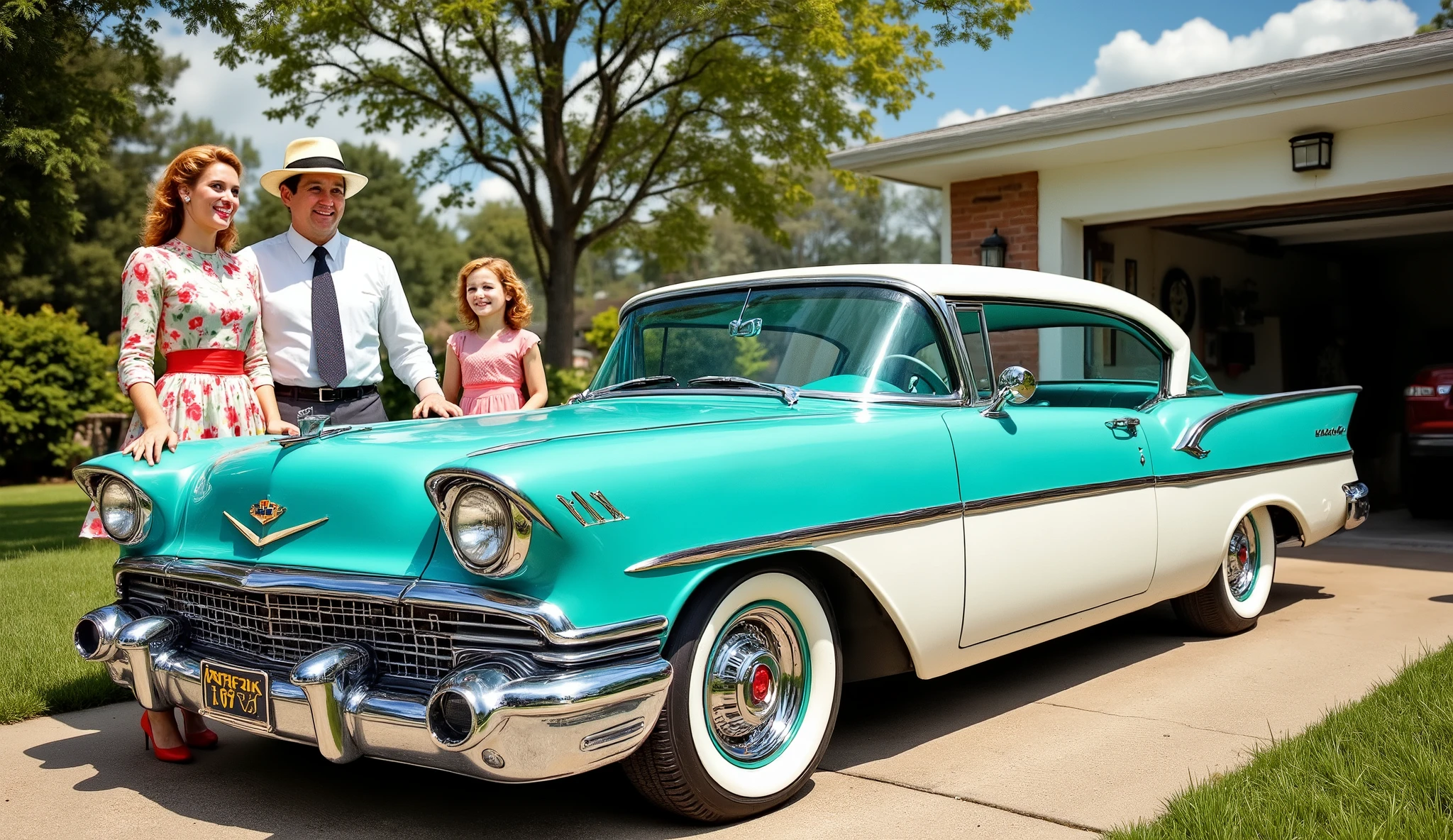 1950 photograph, A gleaming 1957 car, its chrome accents catching the sunlight, stands proudly in the driveway, painted in two vibrant shades of turquoise and white. A beaming 1950s family, dressed in 1950s fashion, their hair styled with 1950s hairspray, gathers around it—the father in a white shirt and 1950s tie and hat, the mother in a 1950s floral dress, wide red belt, and two s in neatly pressed clothes, their faces alight with joy. The scene is alive with color, from the fresh green grass to the soft blue sky above, as the moment captures a snapshot of mid-century American optimism.