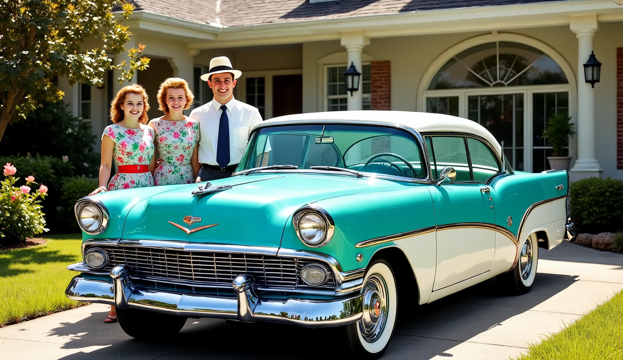 1950 photograph, A gleaming 1957 car, its chrome accents catching the sunlight, stands proudly in the driveway, painted in two vibrant shades of turquoise and white. A beaming 1950s family, dressed in 1950s fashion, their hair styled with 1950s hairspray, gathers around it—the father in a white shirt and 1950s tie and hat, the mother in a 1950s floral dress, wide red belt, and two s in neatly pressed clothes, their faces alight with joy. The scene is alive with color, from the fresh green grass to the soft blue sky above, as the moment captures a snapshot of mid-century American optimism.