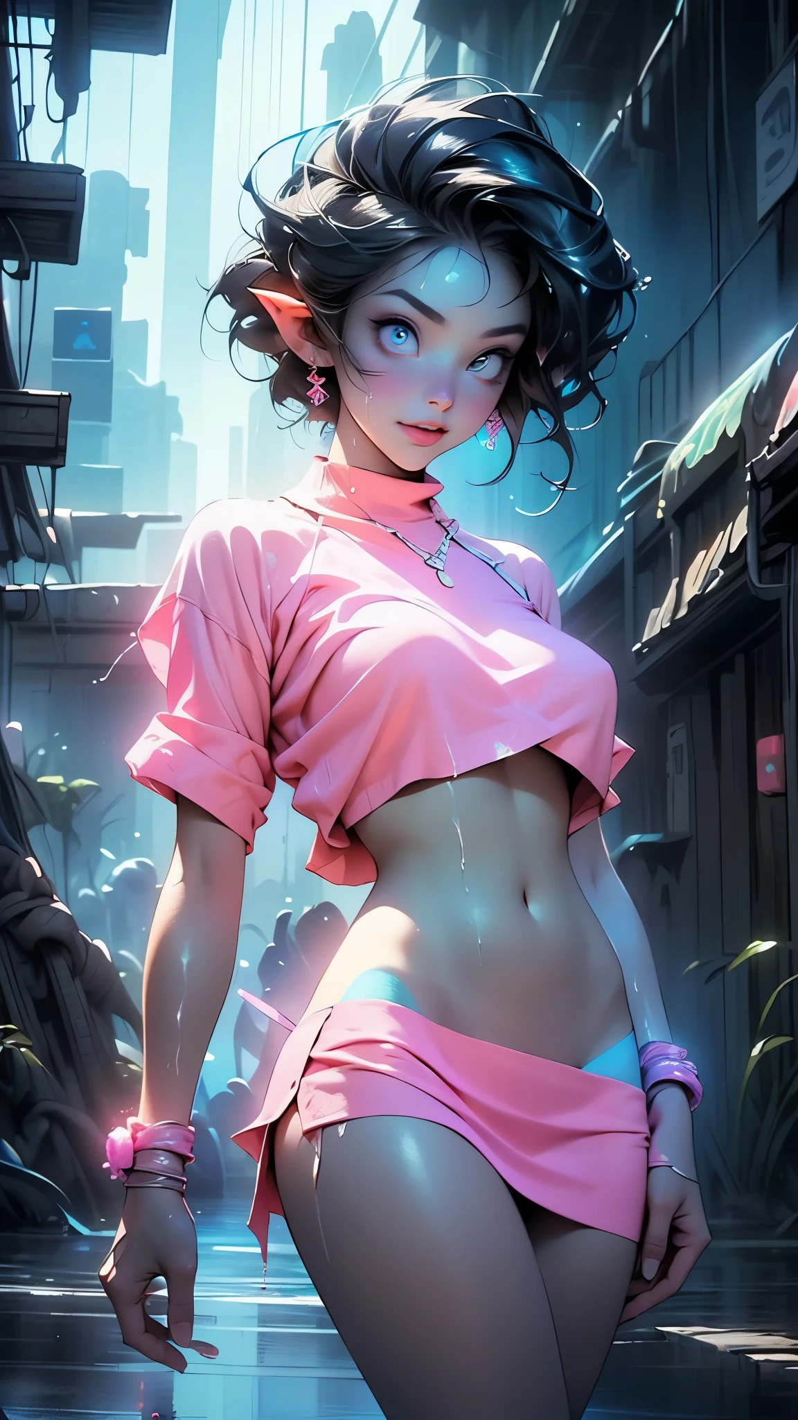 (best quality, masterpiece:1.4), 1 cute (feminine male:1.3), (bulge on pants:1.2), (embarrassed expression:1.2), (very curly short haircut:1.2), blushing, looking at viewer, (wearing skimpy feminine clothes:1.3)