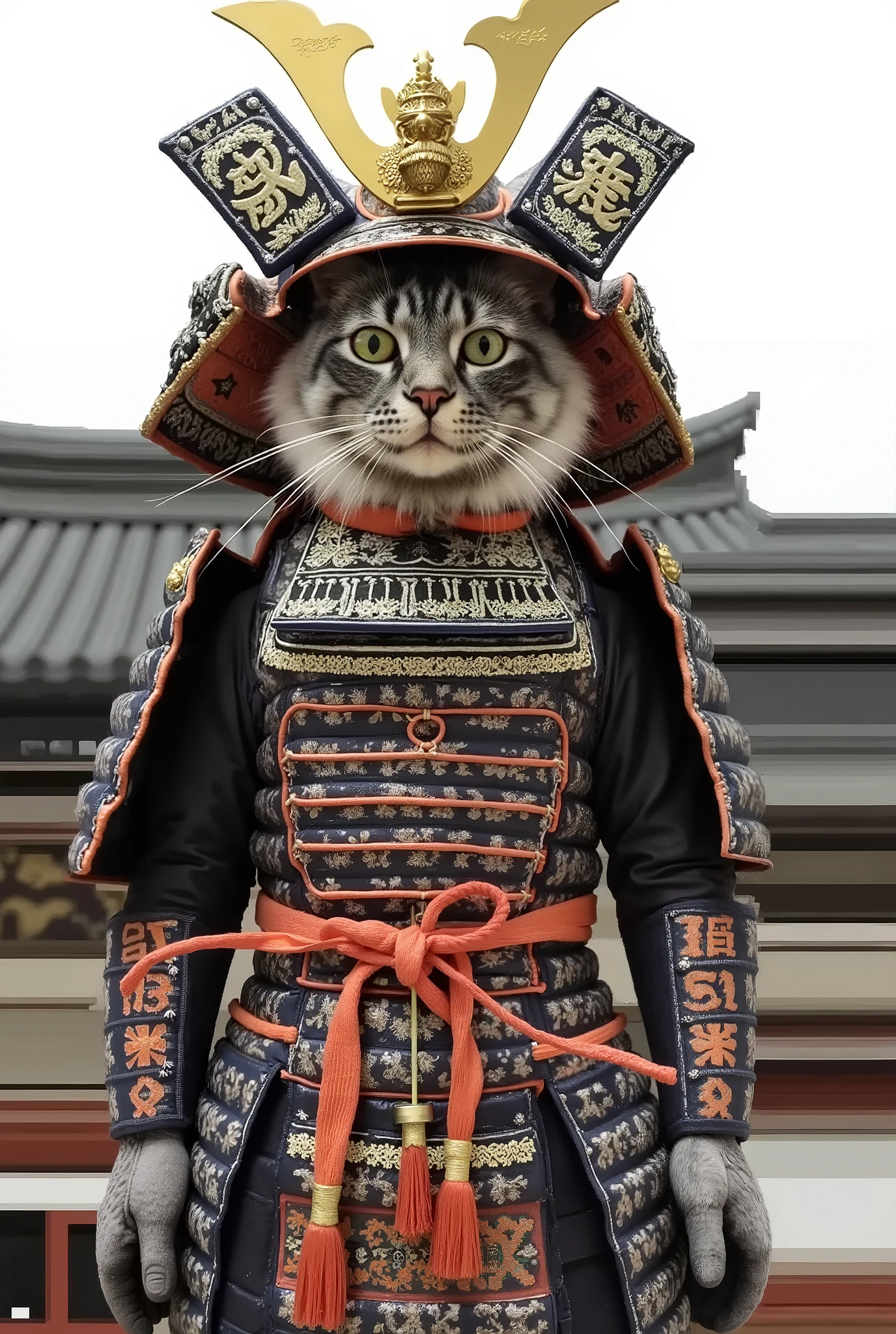 ( masterpiece, TOP QUALITY:1.2), Nikon D850 ,Hyper realistic photo,The background is a Japanese castle from the Edo period、1 long-haired cat , Alone, silver tabby , mackerel、 tabby cat, light green eyes 、standing wearing samurai armor、 Personalization、holding a Japanese sword、 is wearing a samurai helmet、 cat ears are sticking out of the helmet、Equipped with a samurai's little hand