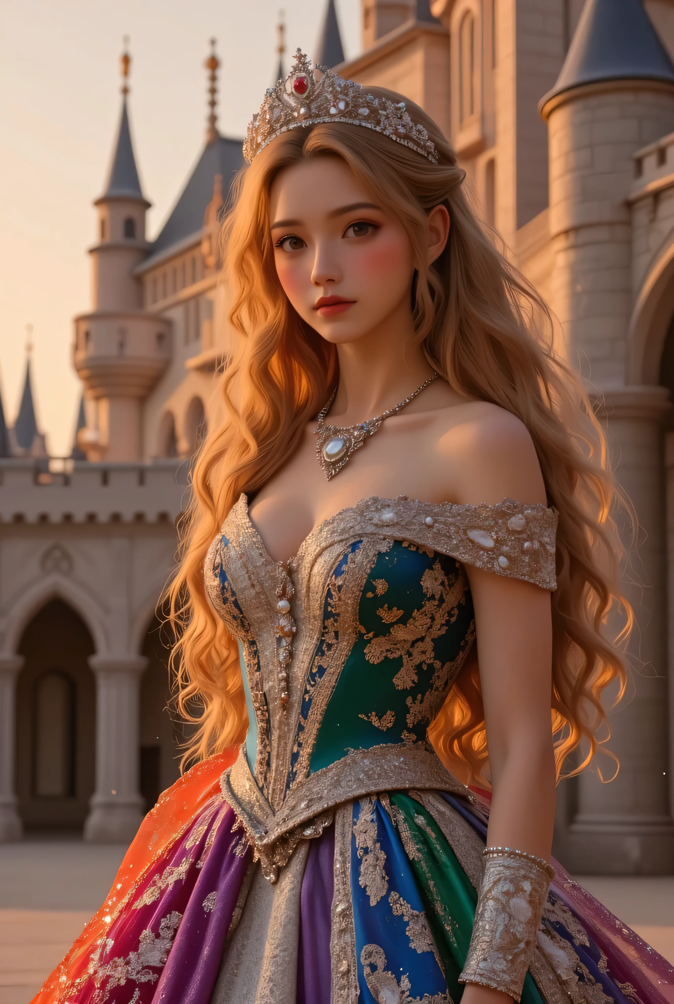 1girl, long hair, lors, deep contrast, super real, pink lipstick, lovely atmosphere, cinematic composition, close-up of face. She is wearing a breathtakingly opulent princess dress with flowing, multi-layered fabrics in a mesmerizing blend of royal blue, deep crimson, emerald green, and shimmering violet, creating a dazzling gradient effect. The dress is adorned with intricate golden and silver embroidery, forming delicate floral and celestial patterns, intertwined with radiant, sparkling gems in shades of sapphire, ruby, emerald, and amethyst. The off-shoulder design is enhanced with sheer, shimmering fabrics that drape elegantly, catching the light like woven stardust. Her bodice is encrusted with fine jewel embellishments, and a beautifully detailed silver and gold belt cinches her waist, adding to the regal elegance. She also wears a dazzling gemstone necklace, a delicate tiara of intertwined silver and gold adorned with pearls and precious stones, and an exquisite matching bracelet. Her dress have many lights , shinning out the lights.
She stands gracefully in front of a magnificent castle with towering spires, intricate stonework, and glowing stained-glass windows that cast a kaleidoscope of colors onto the grand courtyard. The castle is bathed in the golden light of a setting sun, with the sky painted in warm hues of orange, pink, and purple. Ethereal sparkles fill the air, adding a magical glow to the scene. Her expression is serene, confident, and regal, exuding the grace and charm of a true fairy-tale princess in a fantastical, enchanted world.