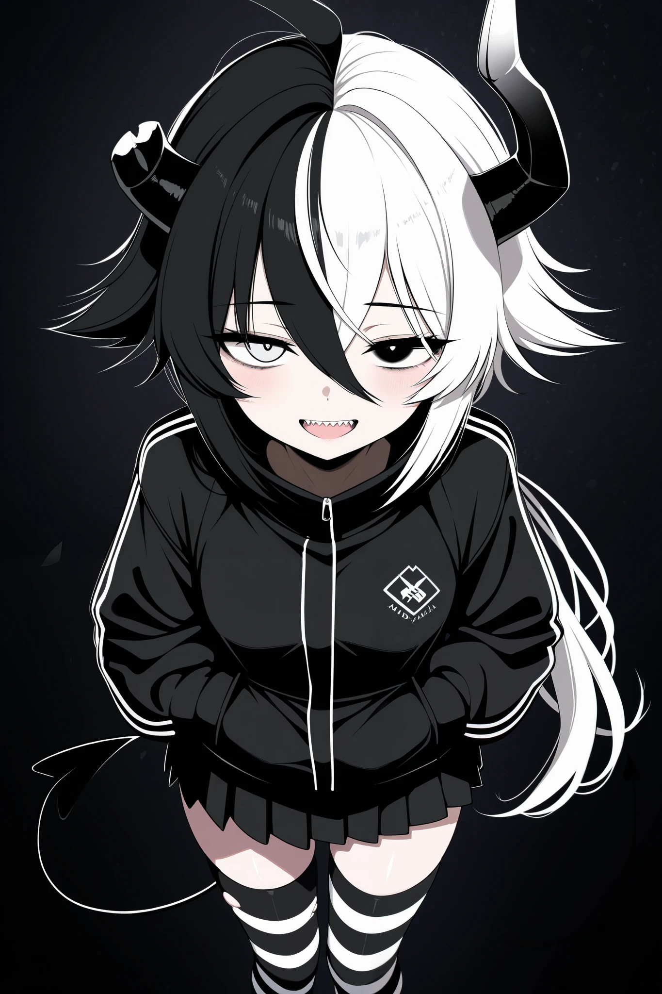 DSP, artist:DSP, okegom, masterpiece, best quality, amazing quality, highres, absurdres, newest, very aesthetic, hyper-detailed, portrait, 1girl, solo, short height girl, split black and white hair colors, two-tone hair, shoulder-length hair, spiked shaggy hair, hair between eyes, long low ponytail, complete heterochromia, black eye with white pupil, white eye with black pupil, sharp teeth, pale skin, small breasts, dark grey demon horns, one broken horn, dark grey curly demon tail, black turtle neck jacket, short pleated black skirt, torn black and white striped thigh highs, hands in jacket pockets, looking up at viewer, mad, half-closed eyes, from above, face close-up, abstract black background, facing viewer