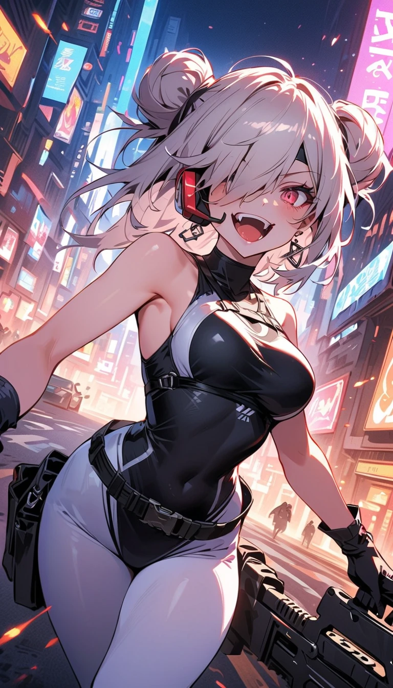 Highest quality, masterpiece, Ultra-high resolution,City of night,Standing woman,Neon Town, Have a smartphone,cyber punk vibe, cyber punk art style, cyber punk vibes, digital cyber punk - anime art, cyber punk themed art, cyber punk anime art, digital cyber punk anime art, in cyber punk style, cyber punk artstyle, has cyber punk style, anime cyber punk art, in cyber punk city, cyber punk art, cyber punk))), cyber punk style, style of cyber punk ,Red eyes, Cleavage, ,Seraphim, skirt,, Multicolored Hair, Grey Hair, Striped Hair, hair ornaments, smile, Black Hair, ,Black jacket, Earrings, Braiding, tooth,Long Hair,Octance 4K, Attention to detail