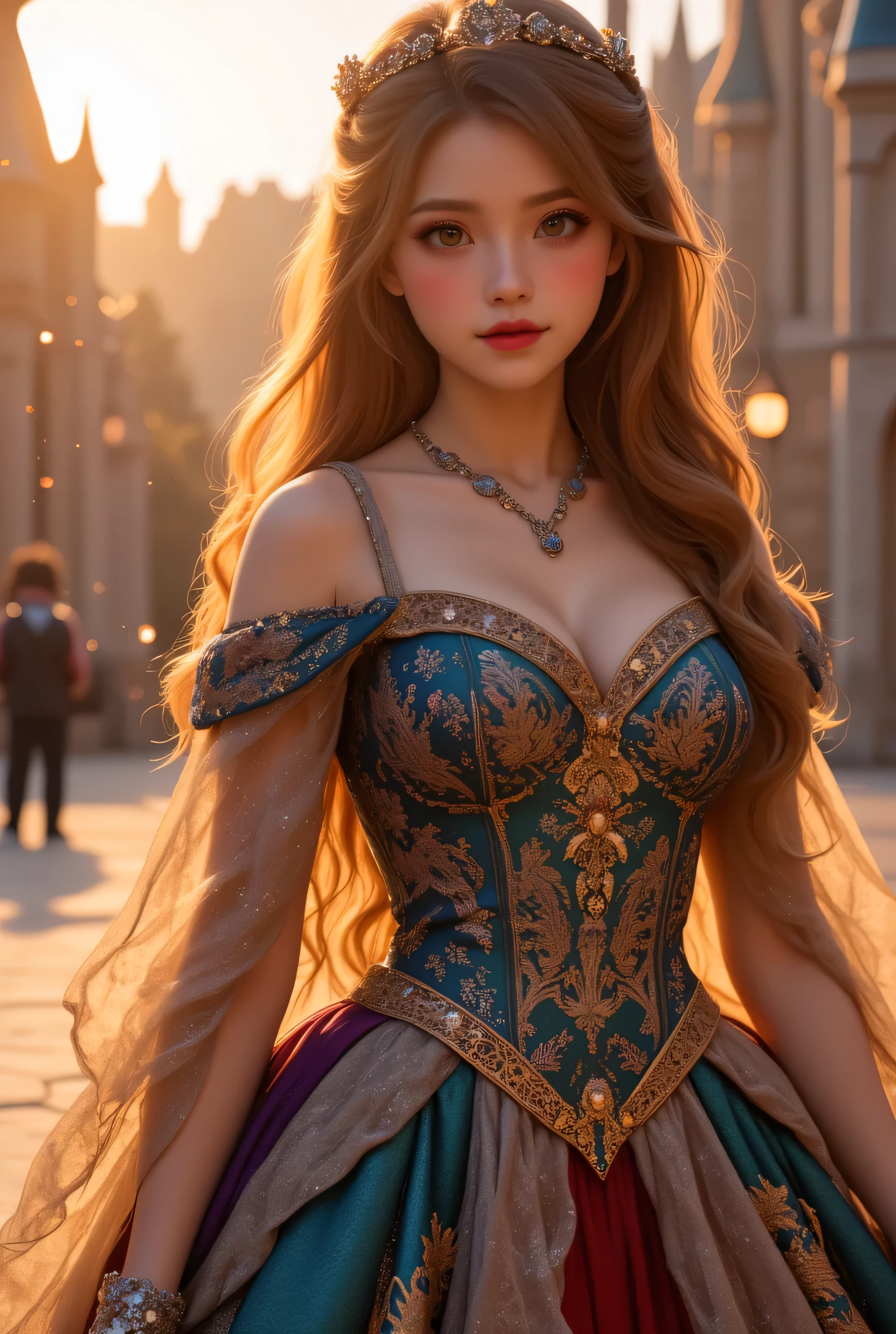 1girl, long hair, lors, deep contrast, super real, pink lipstick, lovely atmosphere, cinematic composition, close-up of face. She is wearing a breathtakingly opulent princess dress with flowing, multi-layered fabrics in a mesmerizing blend of royal blue, deep crimson, emerald green, and shimmering violet, creating a dazzling gradient effect. The dress is adorned with intricate golden and silver embroidery, forming delicate floral and celestial patterns, intertwined with radiant, sparkling gems in shades of sapphire, ruby, emerald, and amethyst. The off-shoulder design is enhanced with sheer, shimmering fabrics that drape elegantly, catching the light like woven stardust. Her bodice is encrusted with fine jewel embellishments, and a beautifully detailed silver and gold belt cinches her waist, adding to the regal elegance. She also wears a dazzling gemstone necklace, a delicate tiara of intertwined silver and gold adorned with pearls and precious stones, and an exquisite matching bracelet. Her dress have many lights , shinning out the lights.
She stands gracefully in front of a magnificent castle with towering spires, intricate stonework, and glowing stained-glass windows that cast a kaleidoscope of colors onto the grand courtyard. The castle is bathed in the golden light of a setting sun, with the sky painted in warm hues of orange, pink, and purple. Ethereal sparkles fill the air, adding a magical glow to the scene. Her expression is serene, confident, and regal, exuding the grace and charm of a true fairy-tale princess in a fantastical, enchanted world.