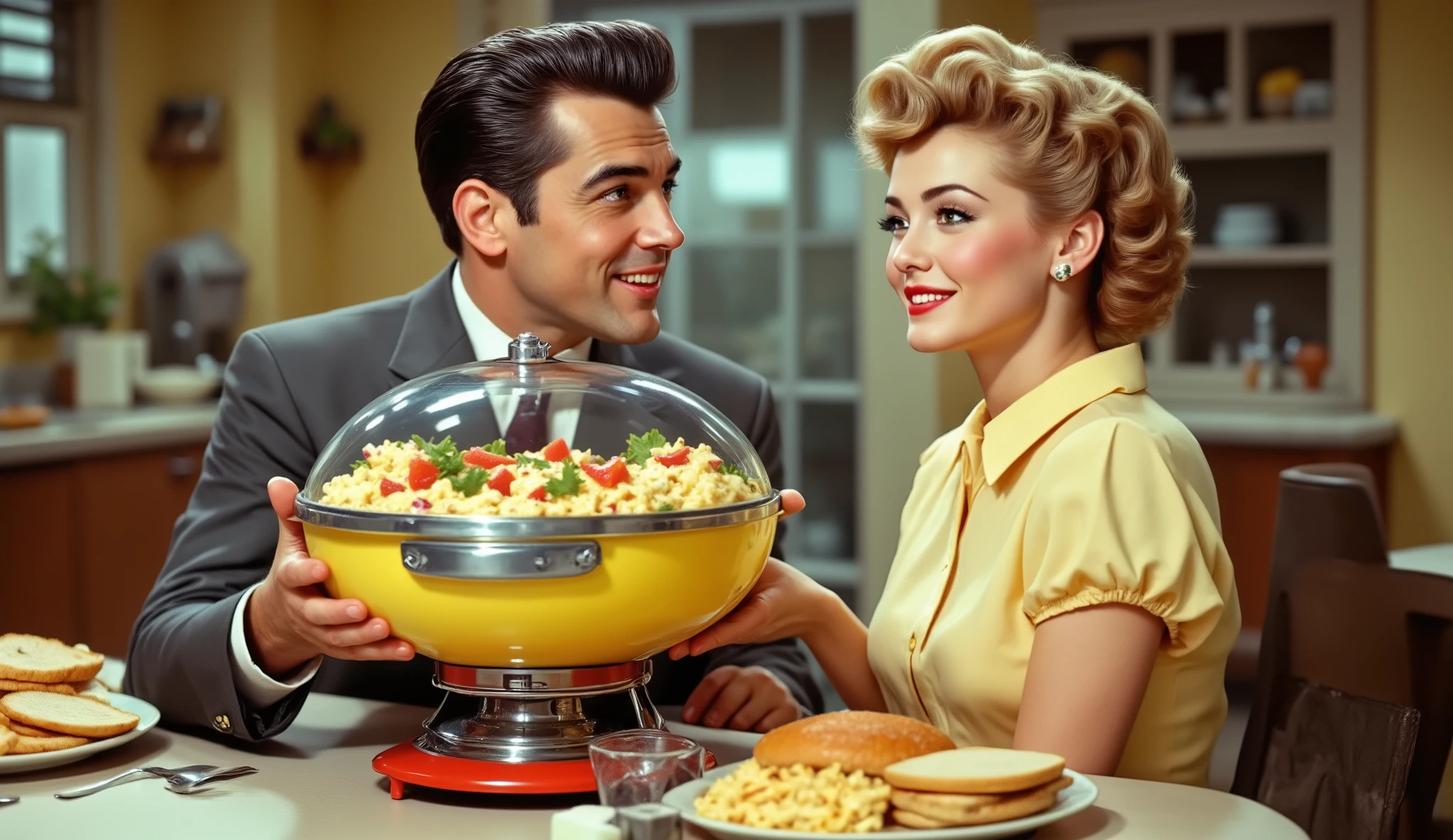 a promotional photo of a table-sized egg salad machine and a 1950s family, with man in 1950s suit and pompadour hair and wife in 1950s dress and outfit with hairspray and  with short pompadour hair and collared shirt smiling dreamily in the background. 1950s style