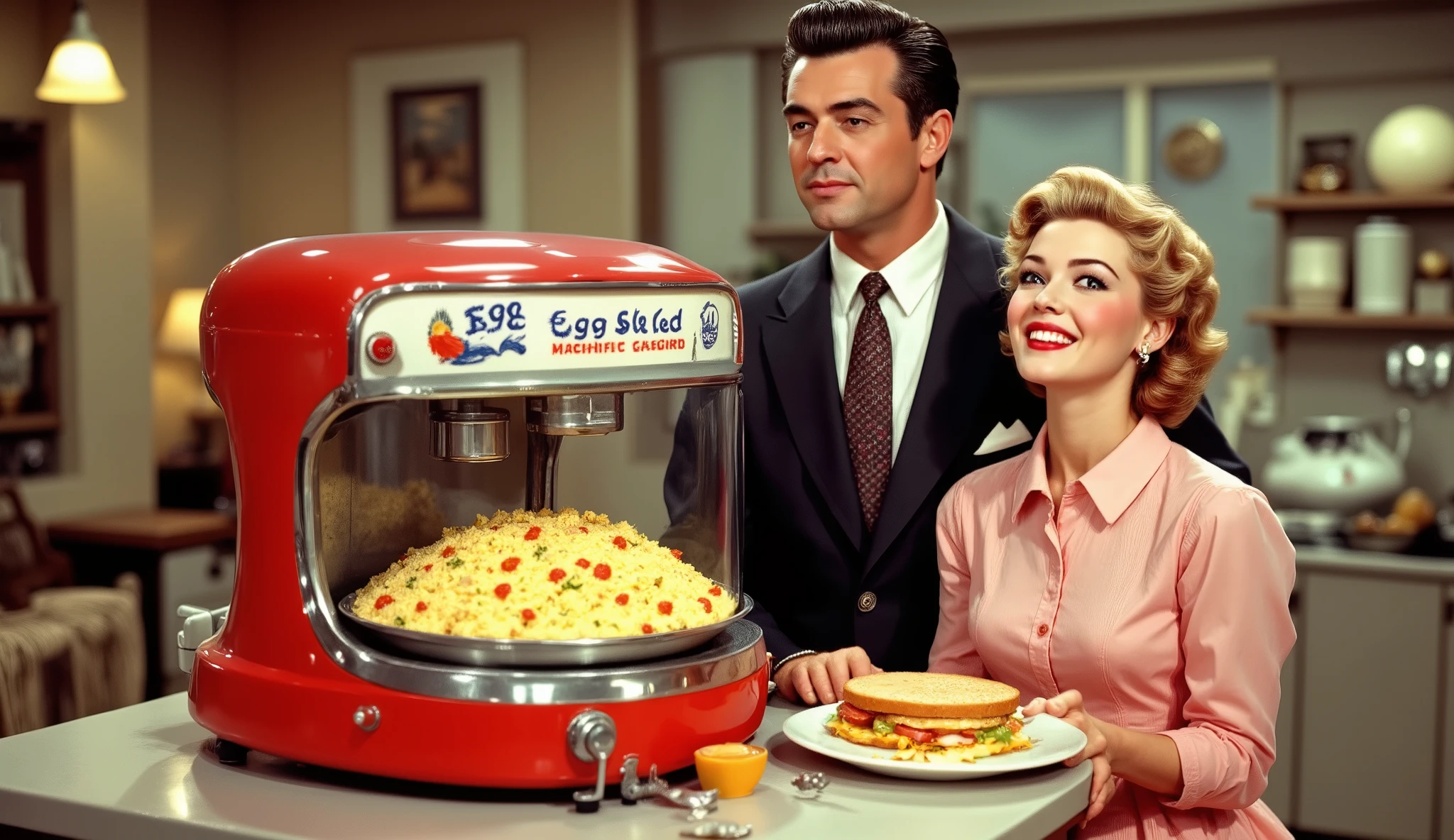a promotional photo of a table-sized egg salad machine and a 1950s family, with man in 1950s suit and pompadour hair and wife in 1950s dress and outfit with hairspray and with short pompadour hair and collared shirt smiling dreamily in the background. 1950s style