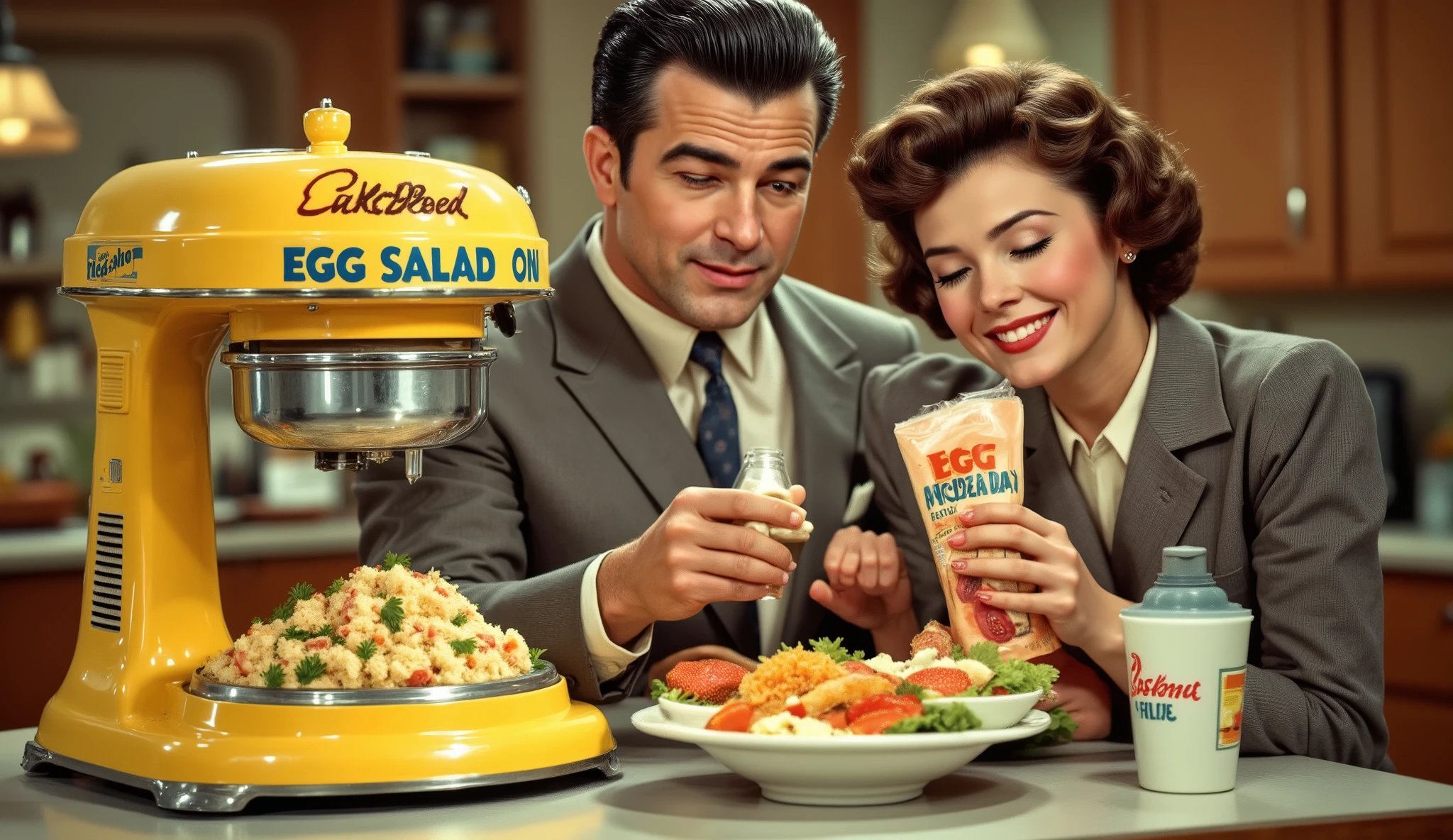 a promotional photo of a table-sized egg salad machine and a 1950s family, with man in 1950s suit and pompadour hair and wife in 1950s dress and outfit with hairspray and  with short pompadour hair and collared shirt smiling dreamily in the background. 1950s style