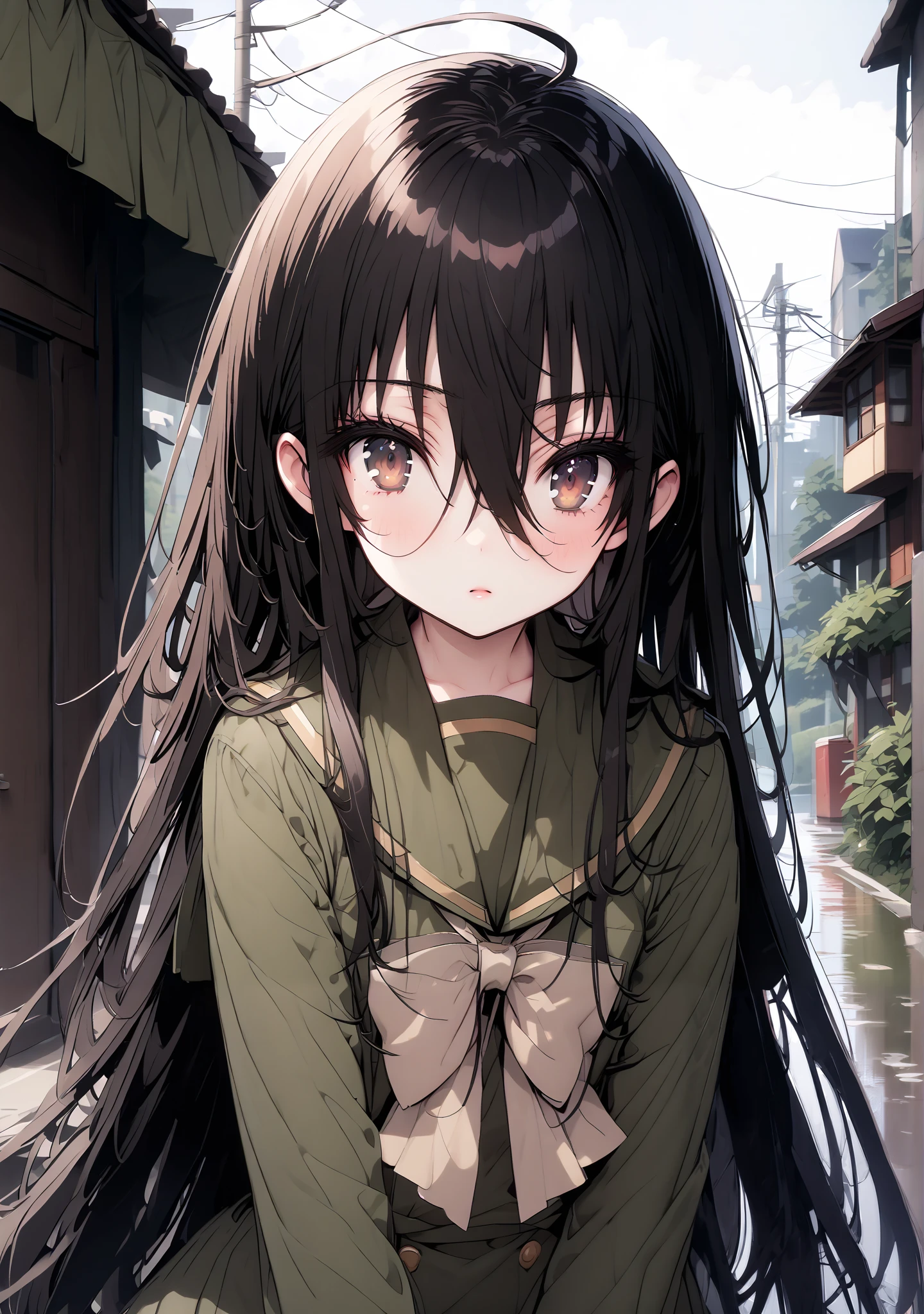 Shana, long hair,brown eyes, Alone, black hair, stupid hair, school uniform, serafuku, green serafuku, bow tie, green bow tie, green shirt, green sailor collar, Long Sleeve, green skirt, button, Long Sleeve, black thigh high socks,loafers,rain, cloudy sky,rain宿り,standing,whole bodyがイラストに入るように, break outdoors,A bus stop with a roof,
break looking at viewer,whole body,
break (masterpiece:1.2),TOP QUALITY , kampala, Unity 8K Wallpaper ,(shape:0.8),( fine, beautiful eyes :1.6),It's a person ,whole body写真,CG Details , ( perfect hands,Complete Anatomy),