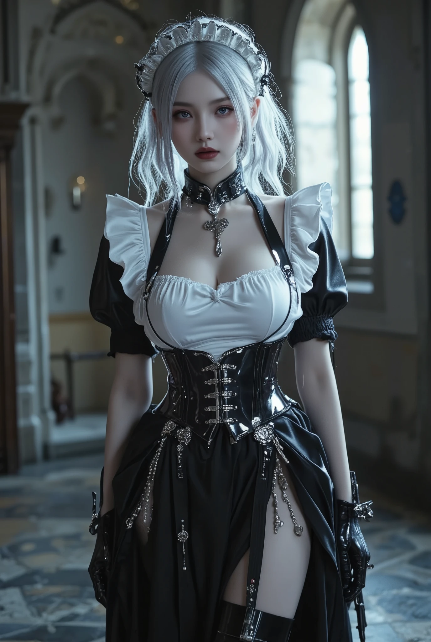   Young Cyborg Beauty ,( black and white gothic maid outfit, long skirt with low skin exposure,   corsets  , black tights, Black Boots ),(  Silver Hair, Shoulder-length hair in images , purple eyes, half-closed eyes ,  unusual suspicious feelings:1.3,Black Lips:1.5, big breast,  shiny skin that is creating,  Perfect Female Body Type ,  Ideal Body Proportions, attractive proportions, Tight Woman  , curvy beauty, HD Skin  ,A girl with a very beautiful and detailed face), Upper body portrait ,background:Medieval castle,  bright,Polite Pose ,  Dramatic Lighting,(  masterpiece, Top Quality,   completely naked, incredibly high resolution ),