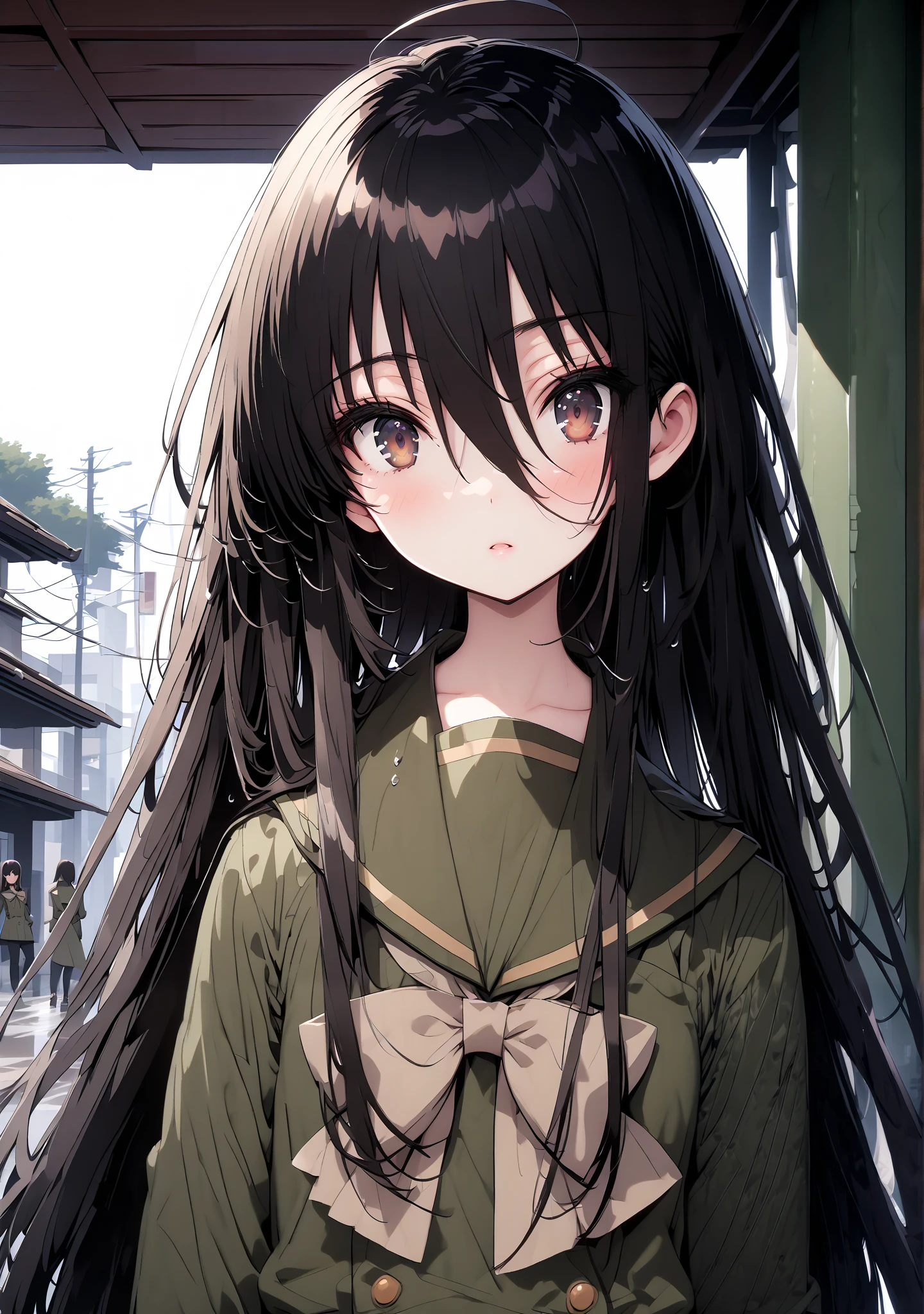 Shana, long hair,brown eyes, Alone, black hair, stupid hair, school uniform,  serafuku, green  serafuku,  bow tie, green  bow tie,  green shirt, green sailor collar,  Long Sleeve,  green skirt, button, Long Sleeve, black thigh high socks,loafers,rain, cloudy sky,rain宿り,standing,whole bodyがイラストに入るように,                                               break outdoors,A bus stop with a roof,
break looking at viewer,whole body,
break (masterpiece:1.2),TOP QUALITY , kampala, Unity 8K Wallpaper ,(shape:0.8),(  fine, beautiful eyes  :1.6),It's a person ,whole body写真,CG Details , ( perfect hands,Complete Anatomy),