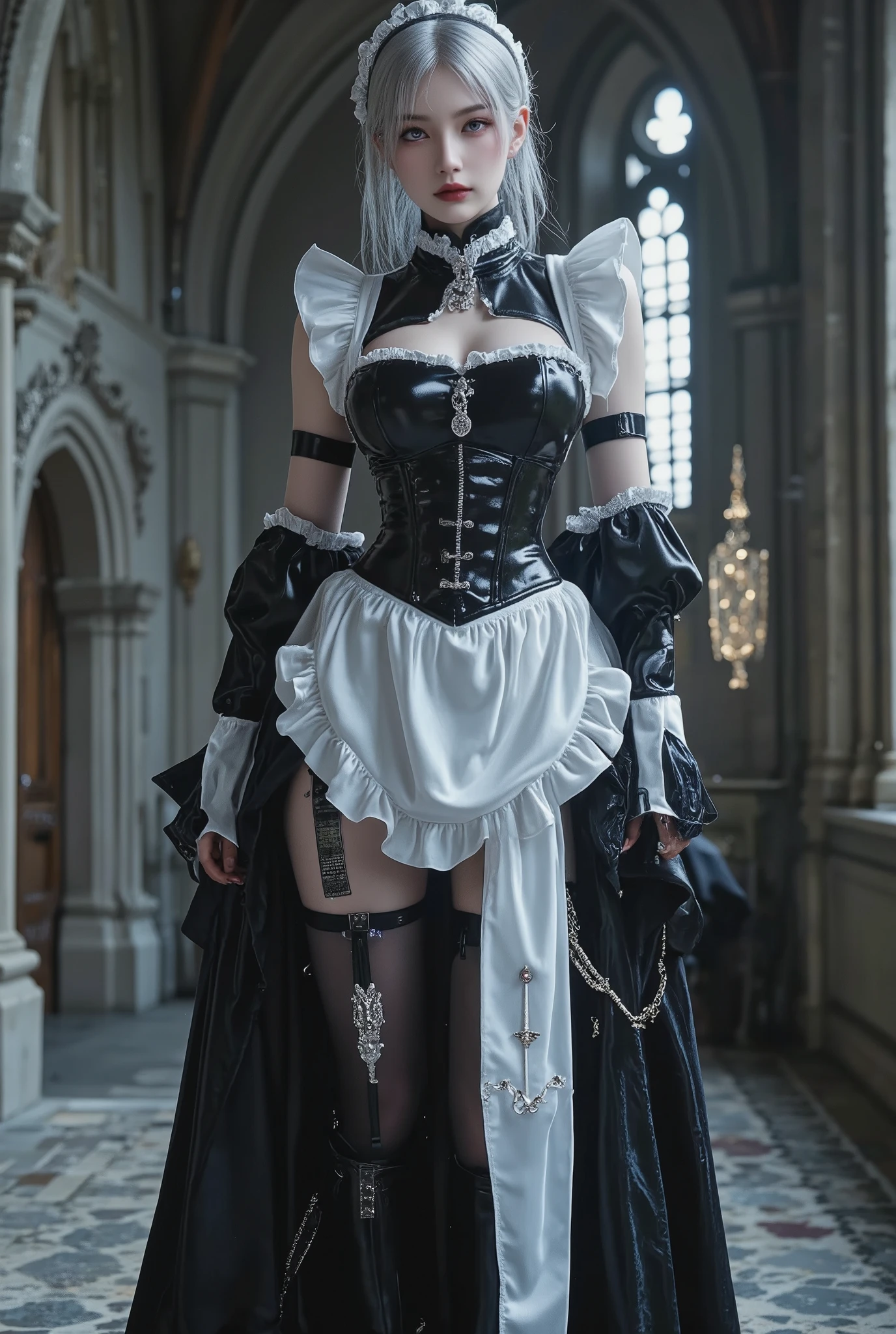   Young Cyborg Beauty ,( black and white gothic maid outfit, long skirt with low skin exposure,   corsets  , black tights, Black Boots ),(  Silver Hair, Shoulder-length hair in images , purple eyes, half-closed eyes ,  unusual suspicious feelings:1.3,Black Lips:1.5, big breast,  shiny skin that is creating,  Perfect Female Body Type ,  Ideal Body Proportions, attractive proportions, Tight Woman  , curvy beauty, HD Skin  ,A girl with a very beautiful and detailed face), Upper body portrait ,background:Medieval castle,  bright,Polite Pose ,  Dramatic Lighting,(  masterpiece, Top Quality,   completely naked, incredibly high resolution ),