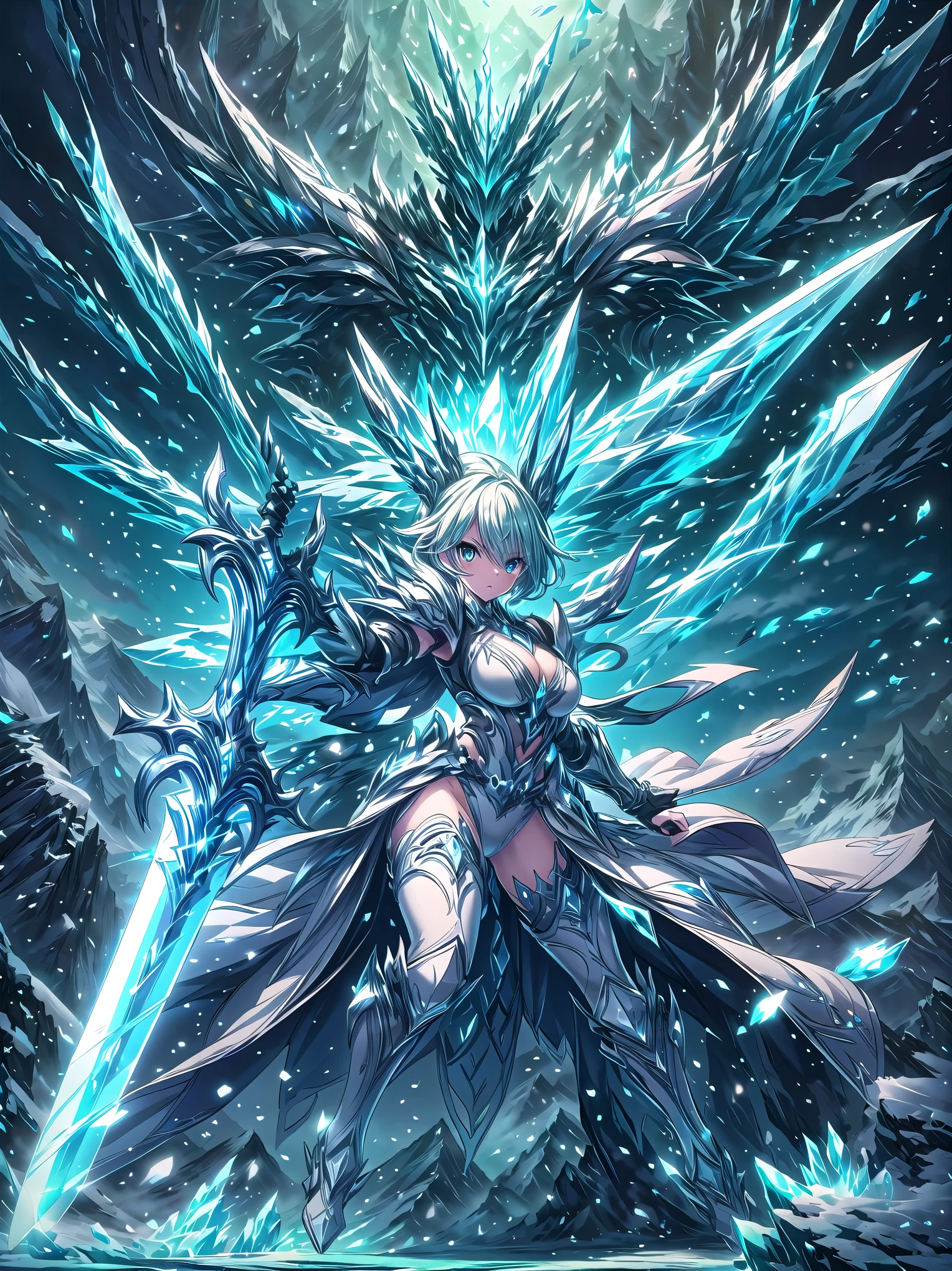 (((masterpiece, best quality, high detailed, 16k))), A girl holding a sword in her hand, female goddess, Ornate Sword, ice frozen sword, Planted Sword, (close-up of sword), light blue eyes, light blue hair, big breasts, white bikini dress, light blue cloak, powerful and fantastic full armor, cropped shoulders armor, plate armor, skinny waist, cleavage, thighs, thigh highs, glaring, weapon, (sword:1.3), fighting stance, dynamic angle, attack battle form, gripping, magnificent, epic, majestic, magical, fantasy art, cover art, ice and snow background surrounded by ice mountains. (detailed face), (detailed eyes), ((full body front view)), (extremely detailed:1.5)