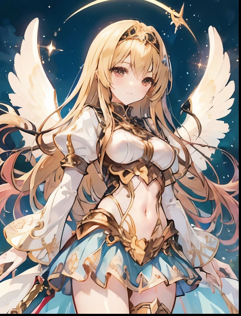 (4K、High resolution image quality、Detailed light、Detailed Shadows、Detailed Design)、1 girl、Blonde、Long Hair、Straight Hair、Fantasy、Blue and white outfit、((Modest chest、Small breasts))、Angel、((Valkyrie))、Decoration on the head、Angelの羽、god々Shii、Floating in the sky、