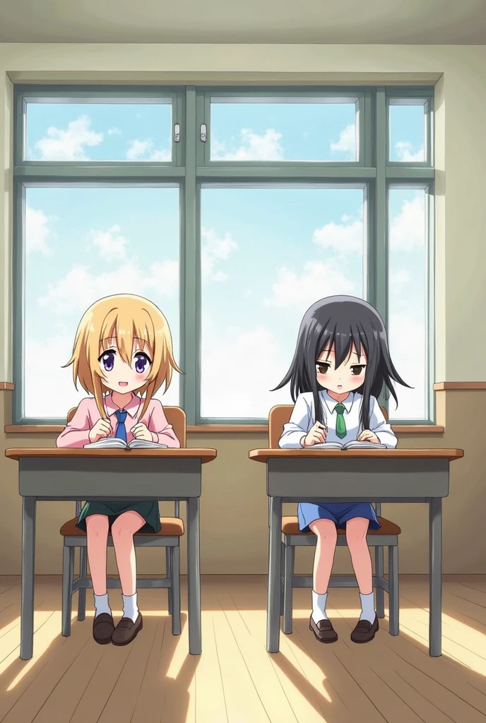 anime image of two girls sitting at desks in a classroom, an anime drawing by Kobayashi Kiyochika, pixiv, serial art, anime moe artstyle, in a classroom, official artwork, typical anime classroom, official anime still, official art, in style of kyoto animation, digital anime illustration, standing in class, trying to study, cute art style