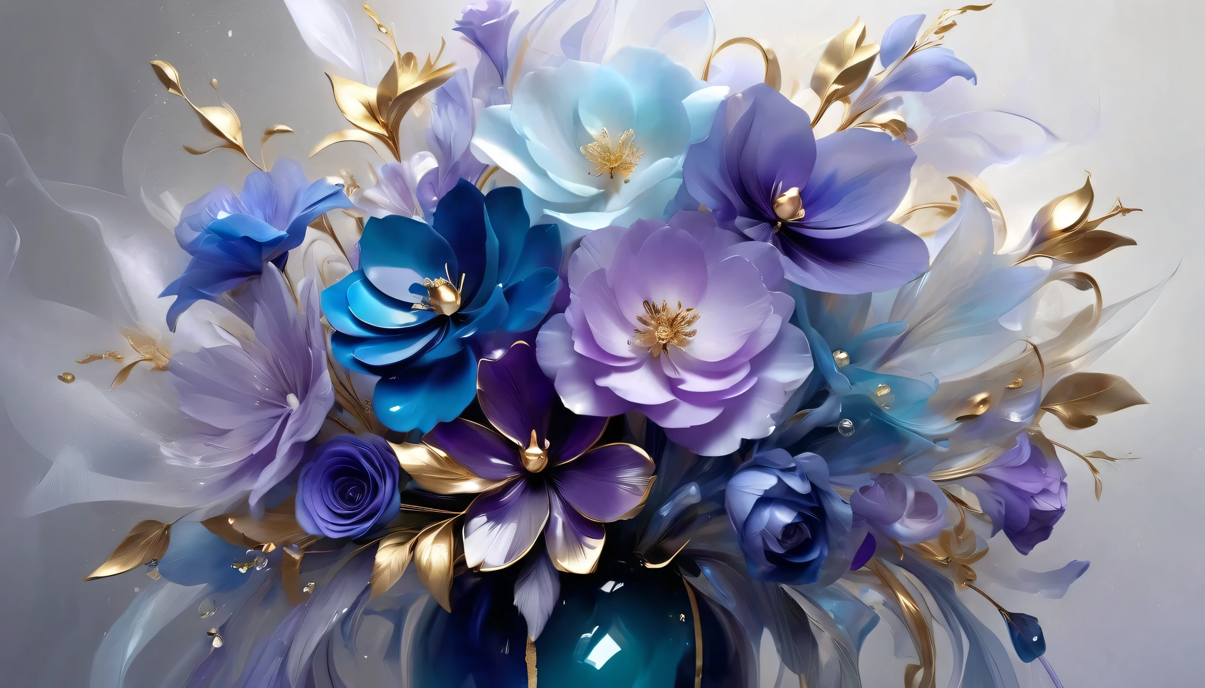 A bouquet of blooming flowers, Petals in different shades of blue and purple, center is decorated with gold texture , sparkling,Elegant and unique,Gently swaying , The mysterious and charming , Realistic and abstract art,details, very realistic , Beautiful and vibrant, Dreamy and surreal,beauty and mystery, Unimaginable beauty, Gorgeous and complex,Transparent,translucent,Onyx material, jade material ,author: Anne Bachelier,, Sketch Art Style , Grayscale, monochrome,