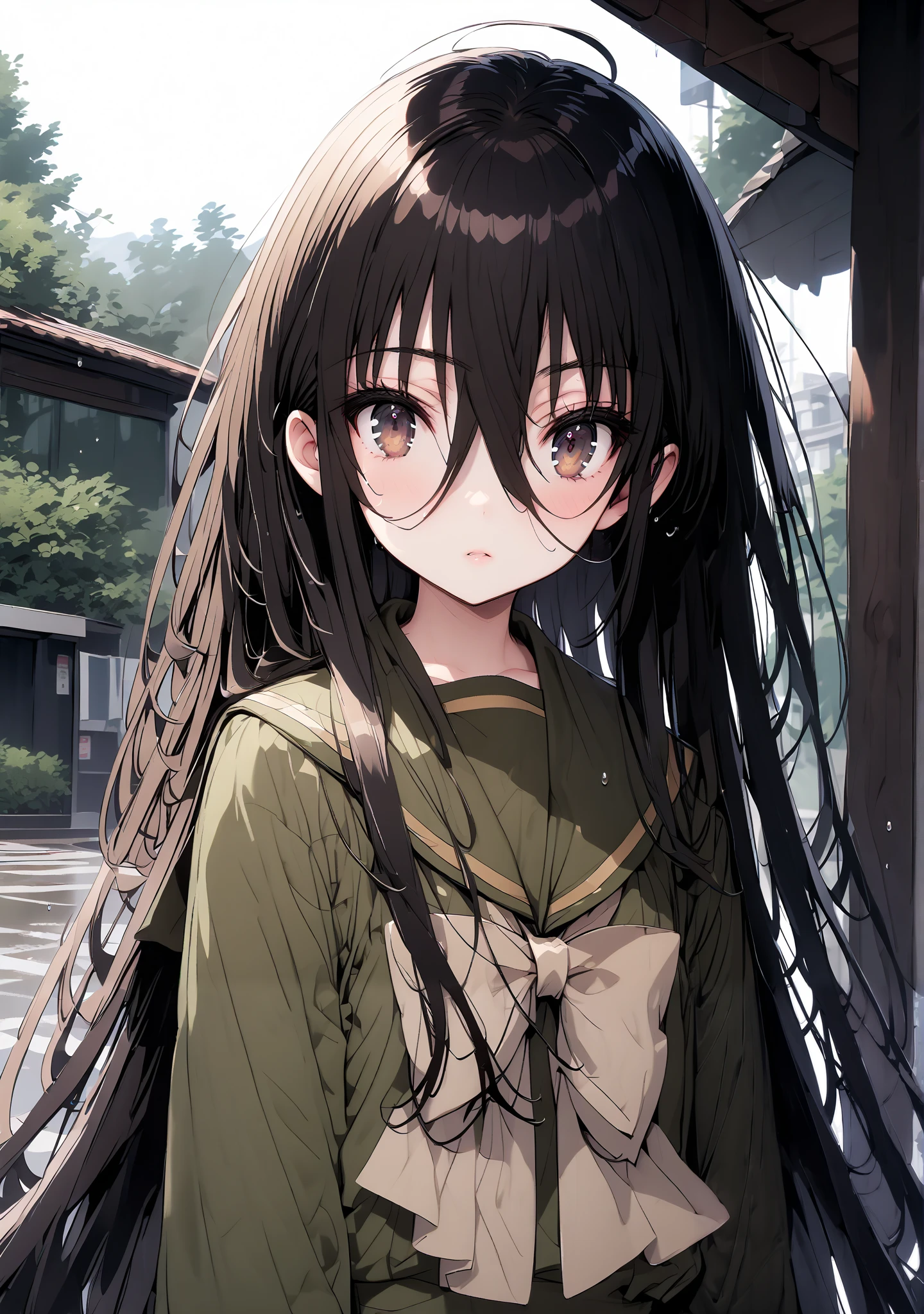 Shana, long hair,brown eyes, Alone, black hair, stupid hair, school uniform, serafuku, green serafuku, bow tie, green bow tie, green shirt, green sailor collar, Long Sleeve, green skirt, button, Long Sleeve, black thigh high socks,loafers,rain, cloudy sky,rain宿り,standing,whole bodyがイラストに入るように, break outdoors,A bus stop with a roof,
break looking at viewer,whole body,
break (masterpiece:1.2),TOP QUALITY , kampala, Unity 8K Wallpaper ,(shape:0.8),( fine, beautiful eyes :1.6),It's a person ,whole body写真,CG Details , ( perfect hands,Complete Anatomy),