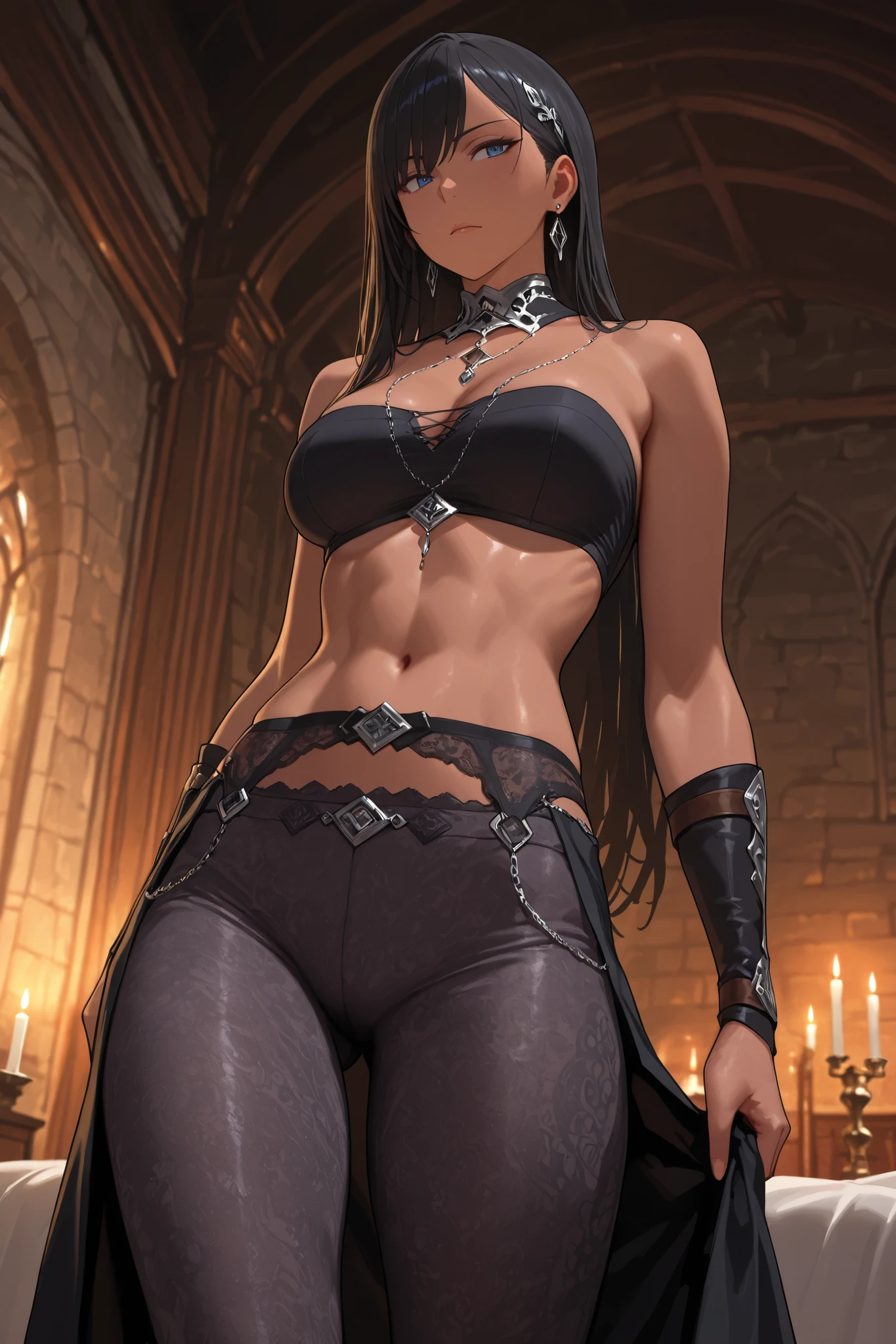 (masterpiece), (best quality), (ultra-detailed), line drawing, skindentation, (high resolution), cowboy shot, blindfold, restraint, chained to the bed, chains from the ceiling, slender, long hair, exposed, red tattoo, slave, muscular abs, big breast, bra cover chest , NO SCARS