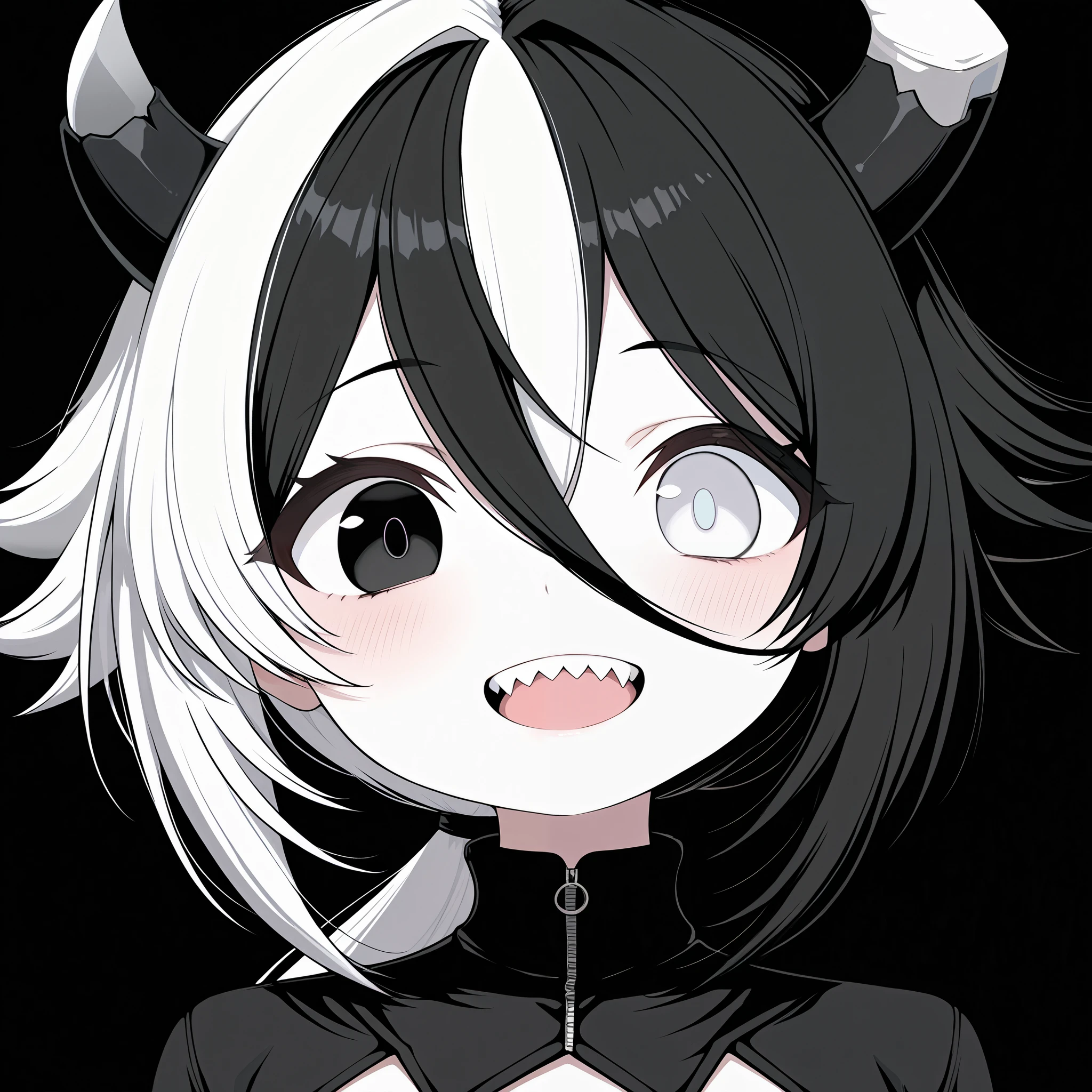 DSP, artist:DSP, okegom, masterpiece, best quality, amazing quality, highres, absurdres, newest, very aesthetic, hyper-detailed, portrait, 1girl, solo, short height girl, split black and white hair colors, two-tone hair, shoulder-length hair, spiked shaggy hair, hair between eyes, long low ponytail, complete heterochromia, (black eye with white pupil), (white eye with black pupil), sharp teeth, pale skin, small breasts, dark grey demon horns, one broken horn, black turtle neck jacket, face close-up, mutsuki face, chibi, abstract black background