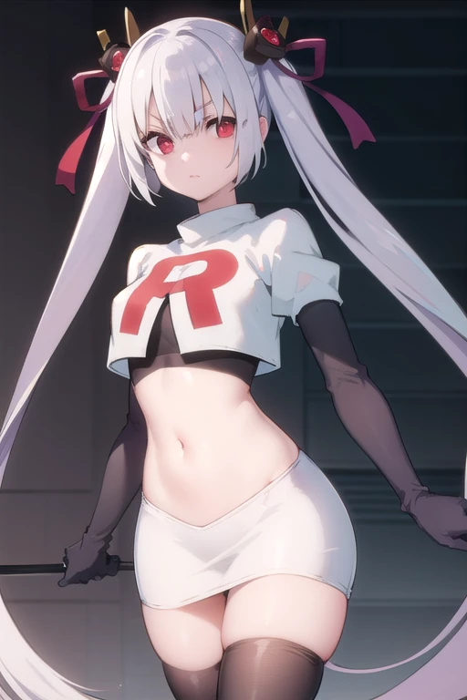 masterpiece, best quality, highres, 1girl hair ribbon, team rocket,team rocket uniform, red letter R, white skirt,white crop top,black thigh-highs,black elbow gloves,