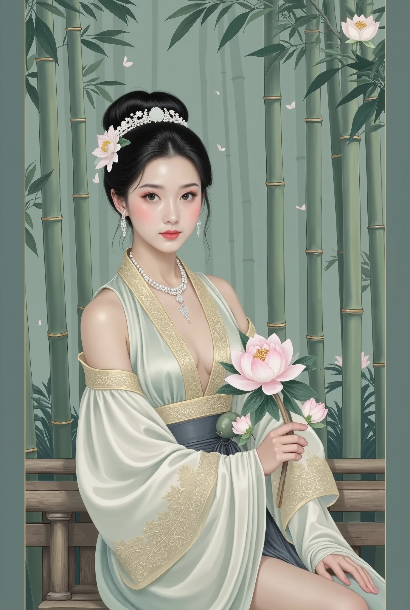 masterpiece, Classical Beauty ,Vintage clothing,Skirt,hand-held peony fan,hairpin flower accessories, bamboo forest background, Ultra HD picture quality ,delicate facial lighting and shadow,soft natural color,silk texture Hanfu,Hand embroidery details,精致珍珠项链,realistic flower texture,antique bamboo forest scene rendering 。