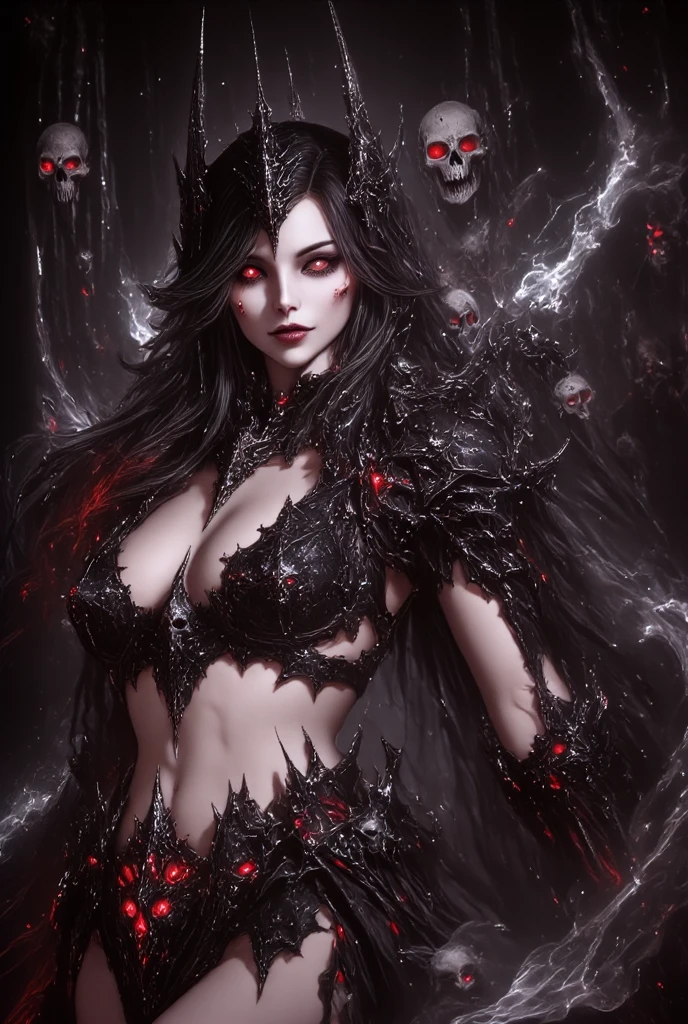 (16k, masterpiece, best quality), ultra-detailed, detailed beautiful round eyes, beautifully detailed face, high quality, high resolution, perfect anatomy, (a female necromancer appeared from the fog with an army of undead), in the darkness of the night, goddess of darkness, undead army, straight hair, evil, an evil face, undead background, big breast, mature women, dynamic pose, looking into the distance