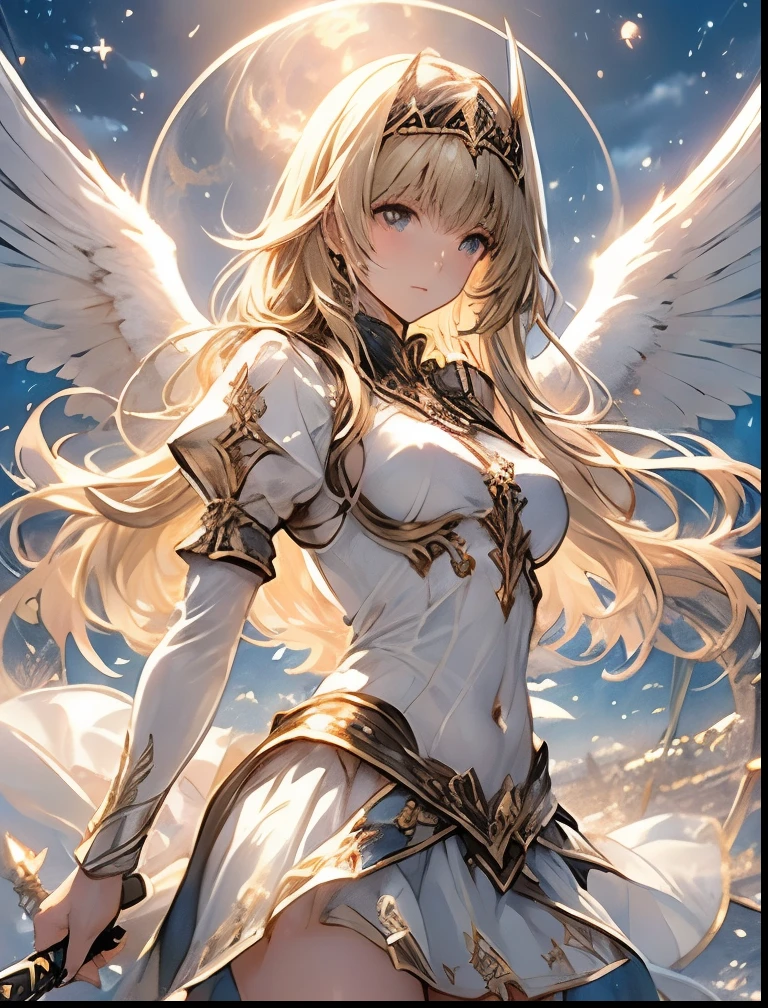 (((SFW、Highest quality、 first class masterpiece 、 Normal body 、8k、 detailed face 、 super precise、 real color 、5refer to、Highest)))、 Valkyrie 、『Valkyrie Profile 2』、Golden Hair 、 long hair、 short、Big Breasts、 slender、 slim、 Navel Exposure 、Pink Heart Dirty Print on Navel、Muscle Exposure、Half naked、Nipple See-through Ultra Thin Transparent Pure White Dress、Ultra Thin Transparent Pure White Mini Skirt、 slave iron collar 、Kamiyari Gungniru、The Great Sword of Light、Heavenly Wings、is embarrassing、Throw a giant spear of light from above、moon、Sky、Aerial、 sacred、Nivernvalestin、Coalescence Goddess