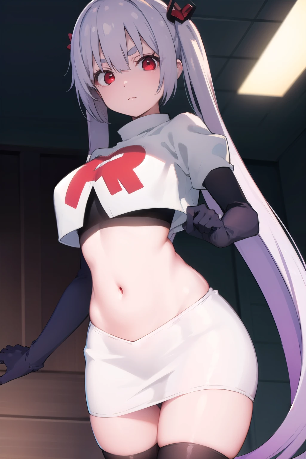 (masterpiece, best quality:1.2),illustration,8k,hd,1girl,solo,pointy ears,long hair,purple eyes,bangs,blunt bangs,navel,breasts,demon wings,hair ornament,demon tail,team rocket,team rocket uniform,white skirt,crop top,black thigh-highs,black elbow gloves,
