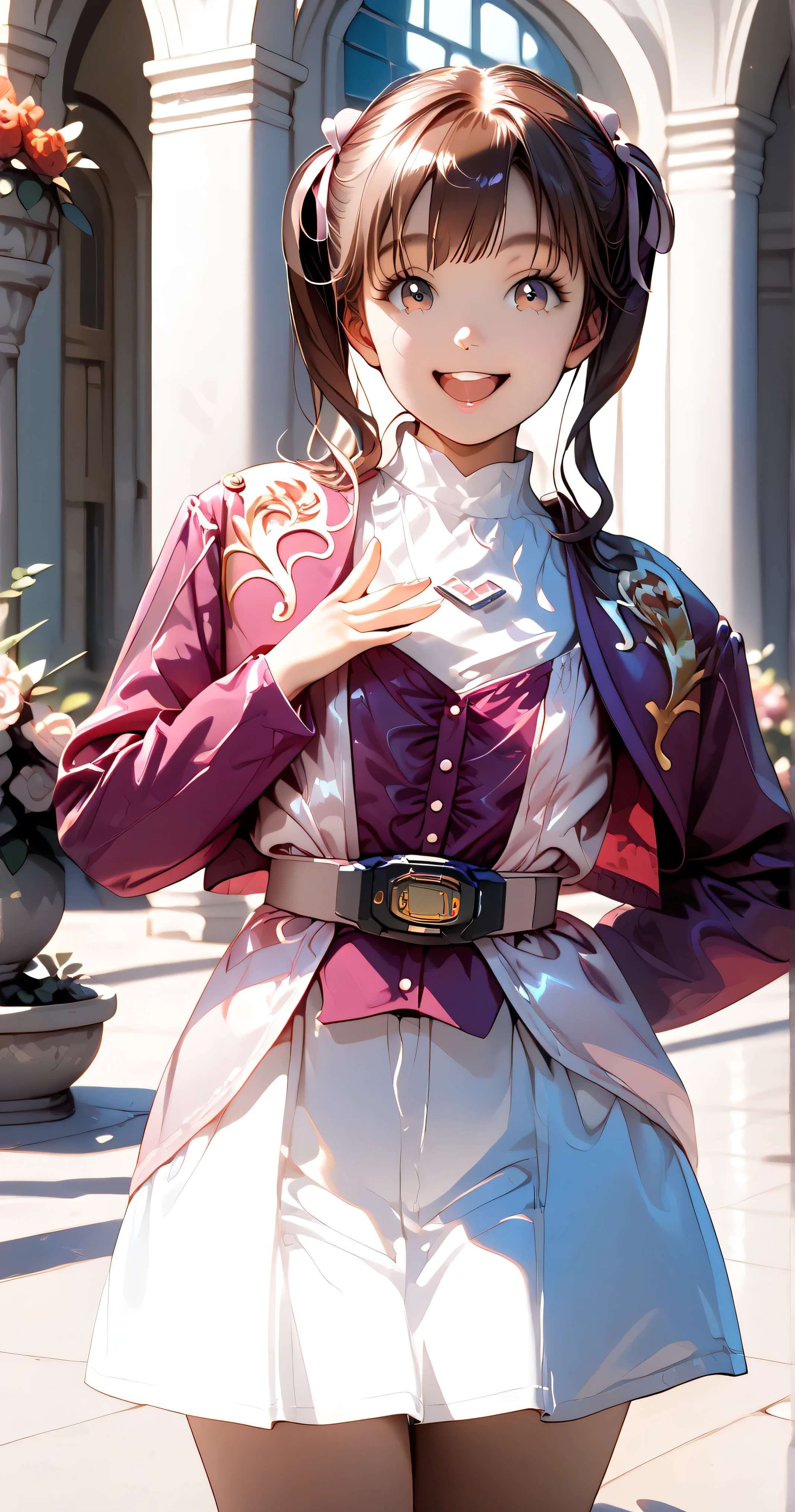 (High-definition CG), (TOP QUALITY),(( Frontal View )), ((garden)),((A composition that captures the whole body)),((staring at the camera)),((Lower your arms)),(( straight)),(( 1girl )),Perfect Face, shiny skin , wide hips, thin waist, purple bolero jacket, Long Sleeve,(( white skirt)), pink belt , (( brown hair)),((Straight Hair)),(( open your mouth and smile)),