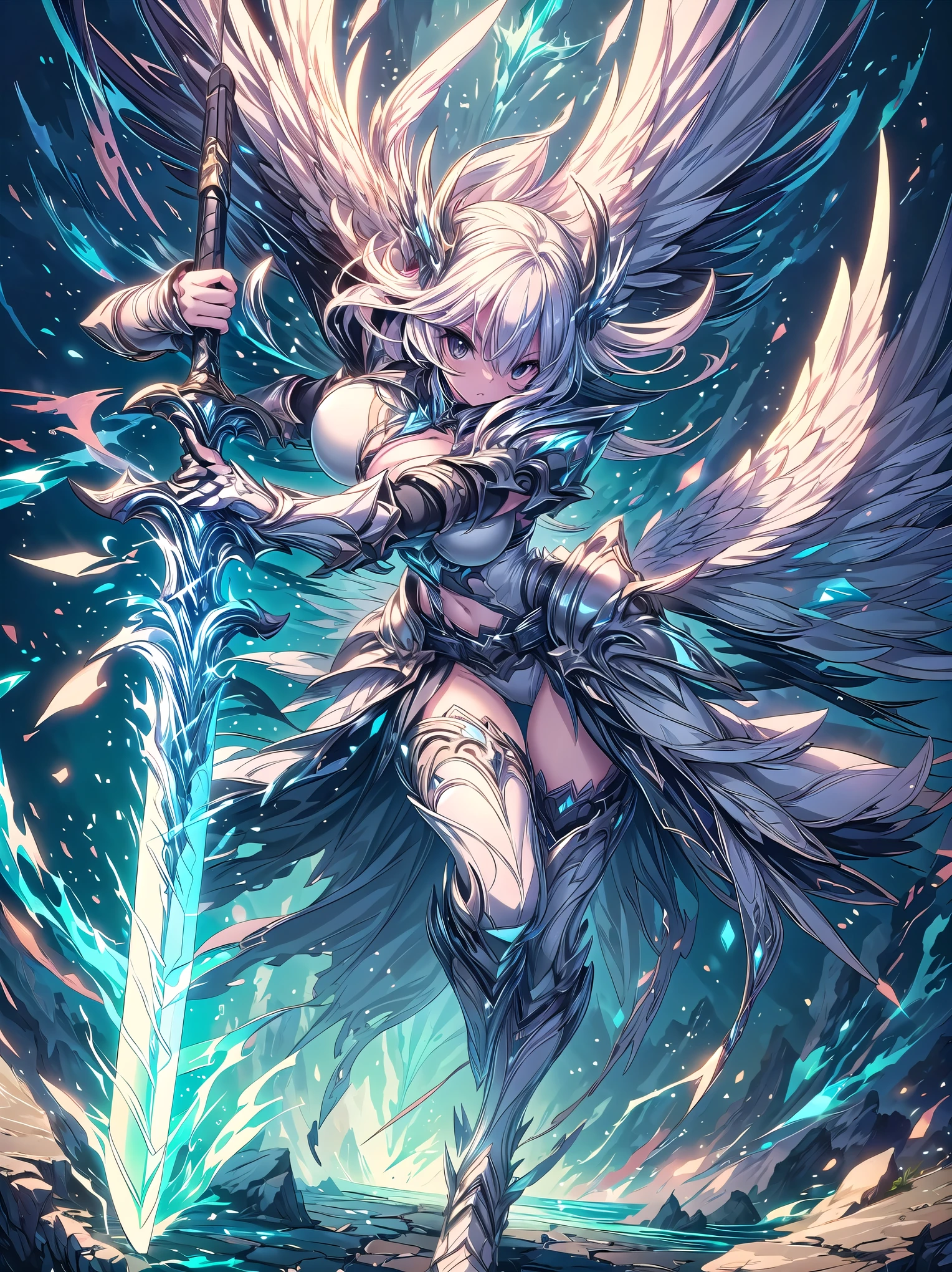 (((masterpiece, best quality, high detailed, 16k))), A girl holding a sword in her hand, female goddess, Ornate Sword, light and white divine sword, Planted Sword, (close-up of sword), black eyes, white hair, big breasts, white bikini dress, white cloak, powerful and fantastic full armor, cropped shoulders armor, plate armor, skinny waist, cleavage, thighs, thigh highs, glaring, weapon, (sword:1.3), fighting stance, dynamic angle, attack battle form, gripping, magnificent, epic, majestic, magical, fantasy art, cover art, hard wind blowing, falling from the sky. (detailed face), (detailed eyes), ((full body front view)), (extremely detailed:1.5)