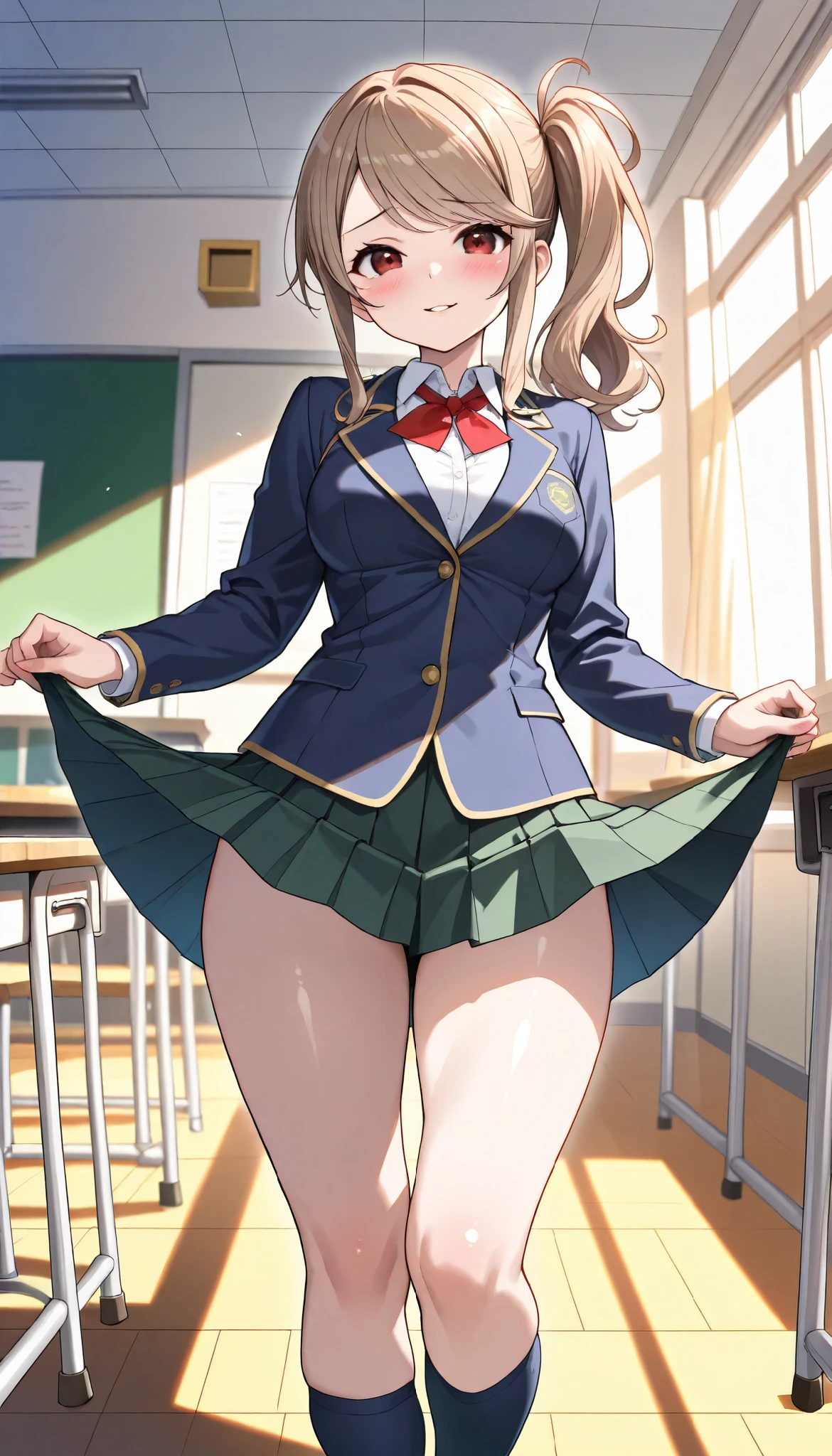 beautiful illustration, perfect lighting, natural lighting, colorful, depth of fields, 2025s, ,
beautiful detailed hair, beautiful detailed face, beautiful detailed eyes, (perfect anatomy, anatomically correct, super detailed skin), shiny skin,
looking at viewer, 1 girl, high school girl, cute and symmetrical face, perfect face, perfect eyes, perfect body, babyface, cute face:1.2, tiny,
(middle hair, side ponytail, long sidelocks, light brown hair), swept bangs, brown eyes, drooping eyes, long eye lasher, (medium breasts, narrow west, seductive thighs), skin dentation,
(detailed cloth texture), ((long sleeves, school uniform, dark blue blazer, dark green pleated skirt, red tie, white collared shirt)), , (dark blue socks), (loafer),
(beautiful scenery), summer, evening, detailed background, (school classroom:1.5), walking, (sexy pose with movement), (lovely smile, shy, blush, parted lips),