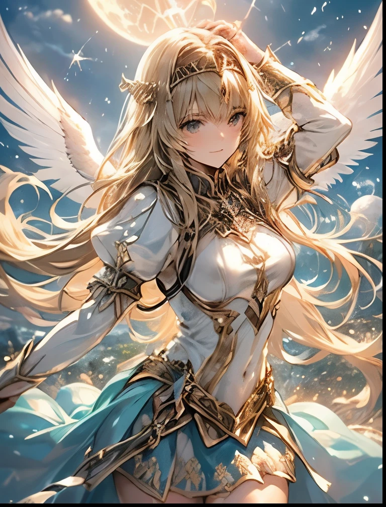 goddess, battlefield, big white wings, white dressing, glowing orange eyes, victory stand, pov, beautiful young woman