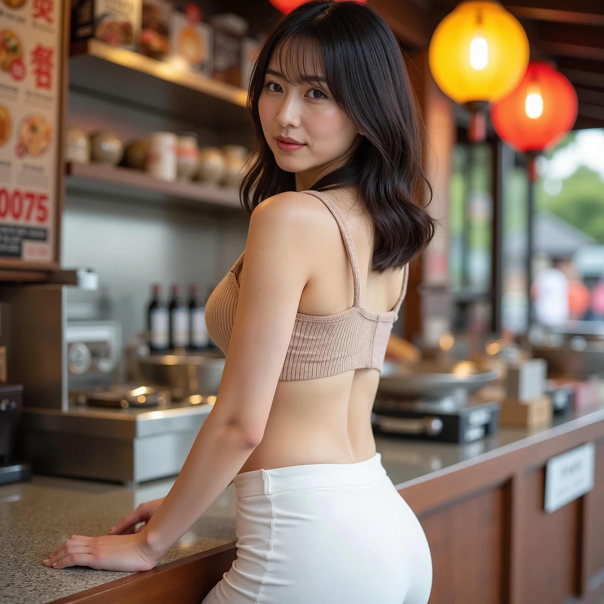 highest quality,1 female,Very large breasts, Diameter about 50cm、Tight waist、Beautiful 20 year old Japanese woman with a very big ass, Leaning forward to accentuate her large breasts,sexy look,Woman in transparent bikini showing off big breasts in restaurant。