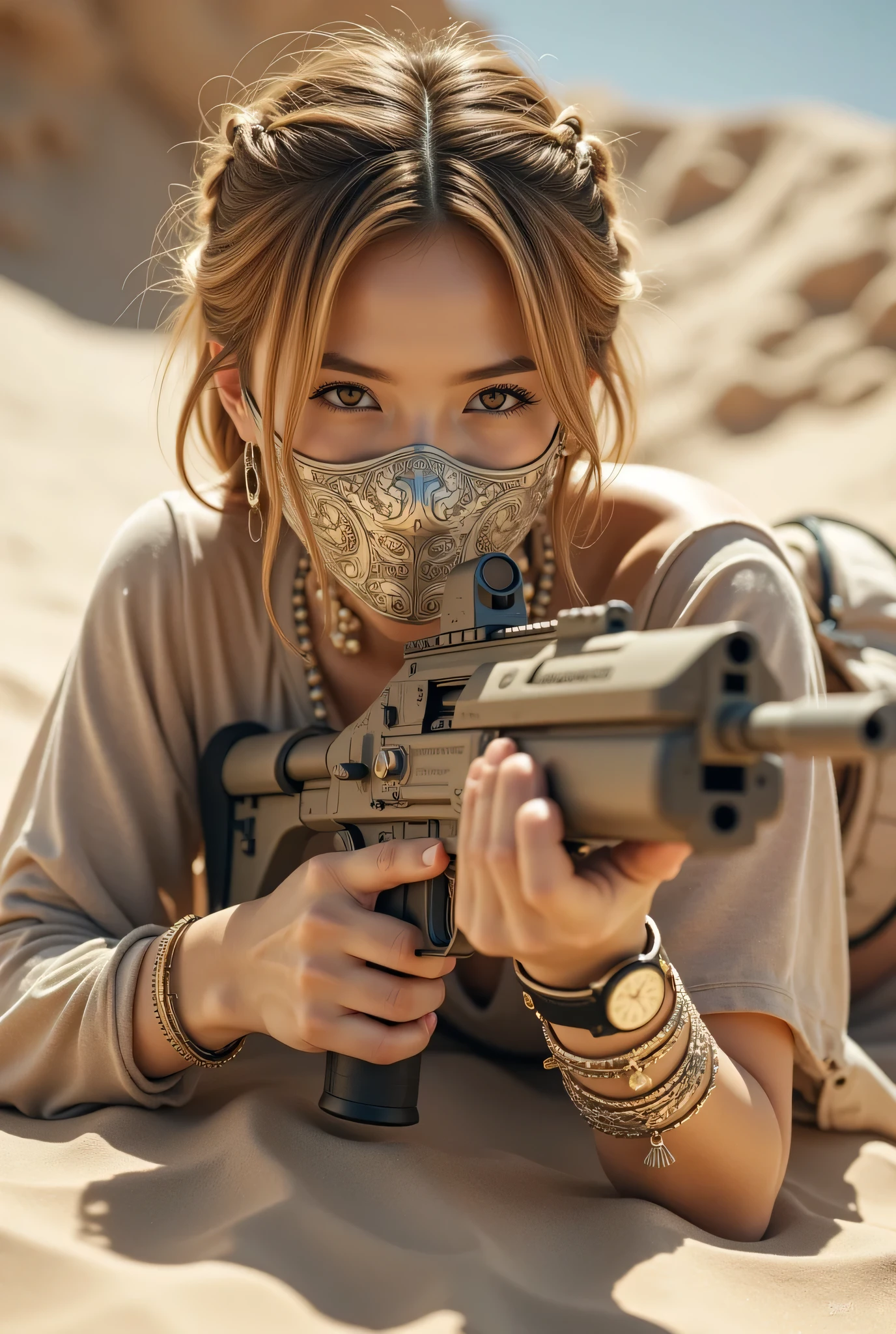 (8k,           Top Quality Conversation    ,      masterpiece), (       exists , photo       exists : 1.37),       very well detailed  , {  Sylvain Watch with an M60 Machine Gun      }, Wide angle ,       chest shaking a lot         ,          Very delicate depiction          ,    Intricately Detailed Armor             ,            short braided hair     ,         correct skeleton  、        chain armor          ,       A gun with an intricate pattern  、       dreamy       ,super existing mixed fantasy world looking at the camera with a sharp eye,         a combination of exists elements and fantastic elements (  渦巻く砂漠の砂  :1)、  Preparing to Fight with a Gun   , Lie Down and Shoot、Wear a Precise Iron Mask on Her Mouth  