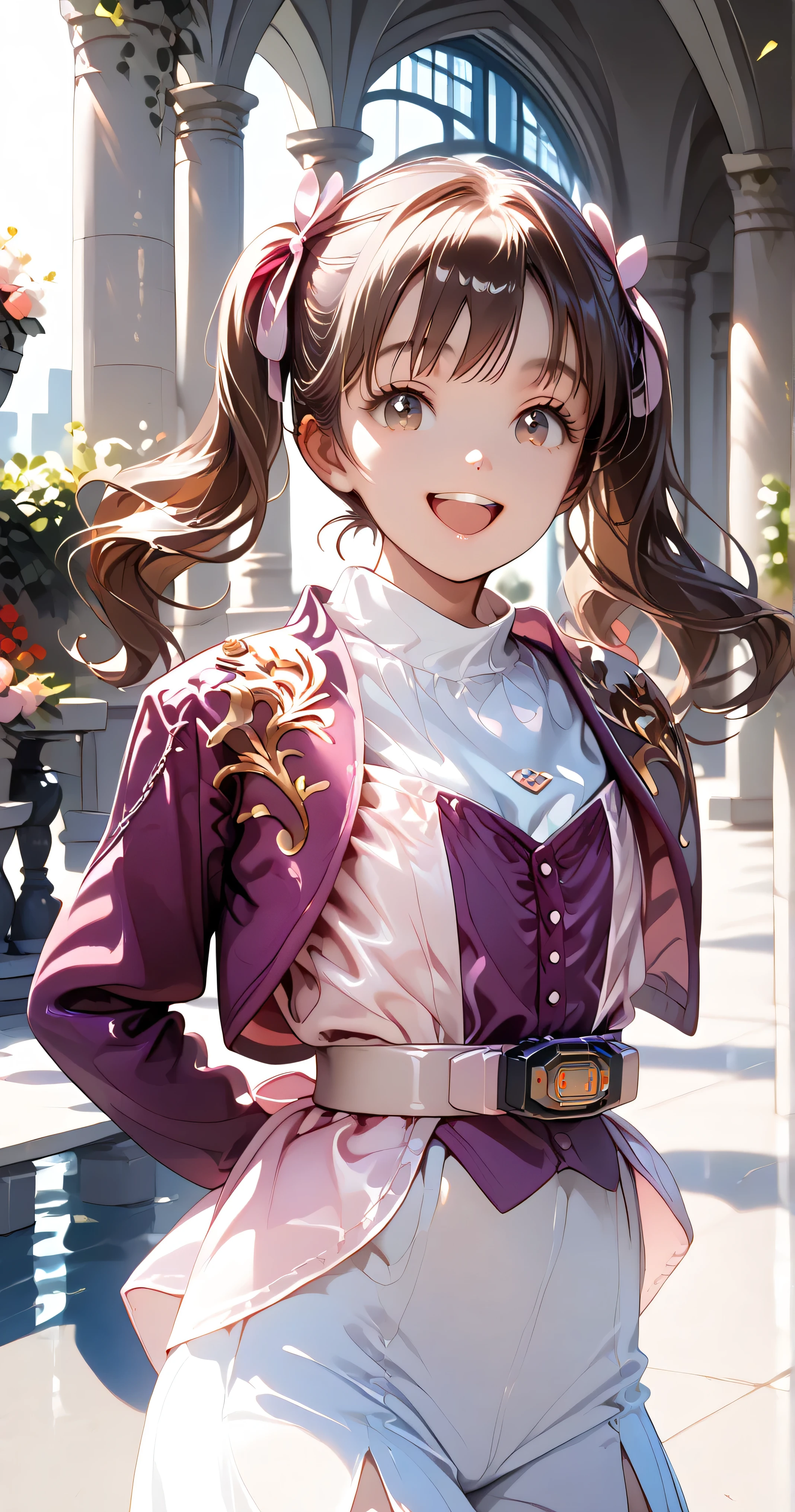 (High-definition CG), (TOP QUALITY),(( Frontal View )), ((garden)),((A composition that captures the whole body)),((staring at the camera)),((Lower your arms)),(( straight)),(( 1girl )),Perfect Face, shiny skin , wide hips, thin waist, purple bolero jacket, Long Sleeve,(( white skirt)), pink belt , (( brown hair)),((Straight Hair)),(( open your mouth and smile)),