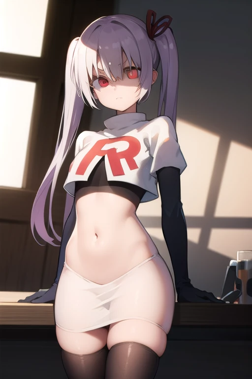 sorakasugano, sora kasugano, ahoge, (black eyes:1.5), hair between eyes, hair ribbon, long hair, twintails, black ribbon, white hair, (flat chest:1.2),
BREAK team rocket,team rocket uniform,white skirt,red letter R,crop top,black thigh-highs,black elbow gloves
BREAK looking at viewer,
BREAK (masterpiece:1.2), best quality, high resolution, unity 8k wallpaper, (illustration:0.8), (beautiful detailed eyes:1.6), extremely detailed face, perfect lighting, extremely detailed CG, (perfect hands, perfect anatomy),