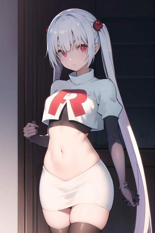 masterpiece, best quali,1girl, bangs, breasts, eyebrows_visible_through_hair, hair_ornament, long_hair, looking_at_viewer, medium_breasts, solo,silver hair,twintails, very_long_hair, yellow_eyes, team rocket,team rocket uniform,white skirt,red letter R,crop top,black thigh-highs,black elbow gloves