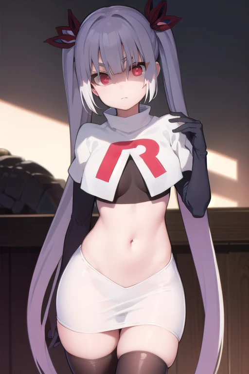 quinella, quinella, absurdly long hair, (purple eyes:1.1), long hair, parted bangs, purple hair, very long hair, hair ornament,
BREAK team rocket,team rocket uniform,white skirt,red letter R,crop top,black thigh-highs,black elbow gloves,
BREAK looking at viewer, cowboy shot,
BREAK (masterpiece:1.2), best quality, high resolution, unity 8k wallpaper, (illustration:0.8), (beautiful detailed eyes:1.6), extremely detailed face, perfect lighting, extremely detailed CG, (perfect hands, perfect anatomy),