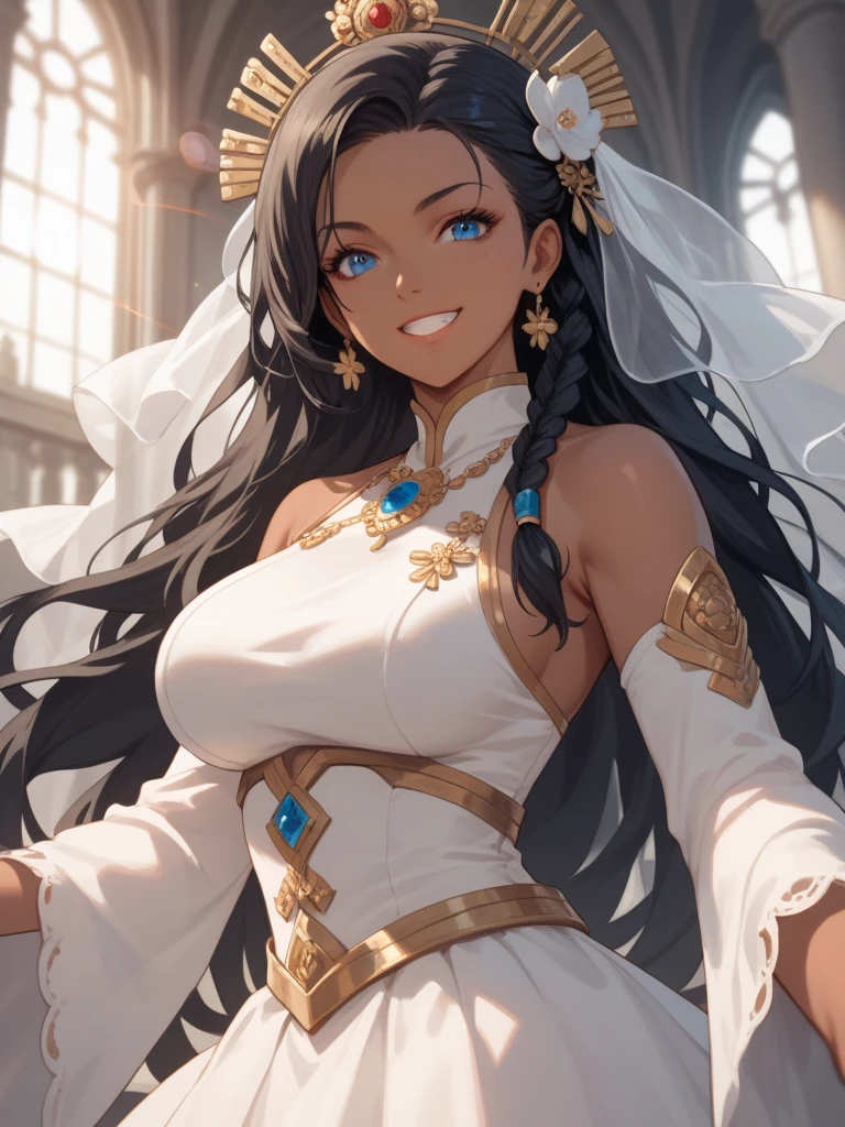 Anime queen on here thrown ,she have blue eyes ,dark skin ,long black hair,in a white dress Masterpiece, Award Winning, Long Hair, Very Long Hair, Braid, Large , Closed Mouth, Grin, POV, Jewelry, Hair Ornament, Lens Flare, Minimalism,