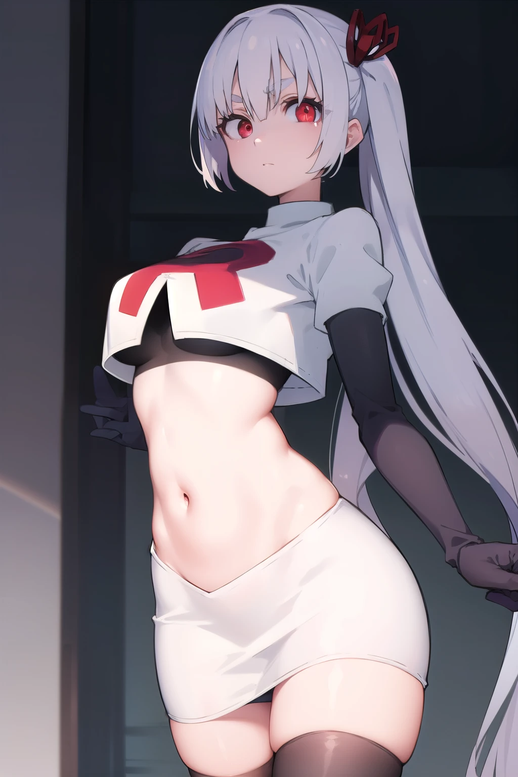 sorakasugano, sora kasugano, ahoge, (black eyes:1.5), hair between eyes, hair ribbon, long hair, twintails, black ribbon, white hair, (flat chest:1.2),
BREAK team rocket,team rocket uniform,white skirt,red letter R,crop top,black thigh-highs,black elbow gloves
BREAK looking at viewer,
BREAK (masterpiece:1.2), best quality, high resolution, unity 8k wallpaper, (illustration:0.8), (beautiful detailed eyes:1.6), extremely detailed face, perfect lighting, extremely detailed CG, (perfect hands, perfect anatomy),