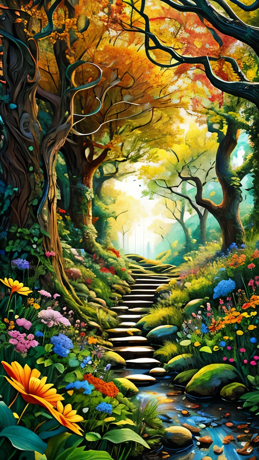 Flowers and leaves、wood、gem, Rococo,rest, A Modern and Mysterious Encounter, bright color, intricate details. very well detailed, intricate motifs, Organic Tracers , perfect configuration, Digital Painting , art station, concept art, smooth,, shape, T masterpiece, TOP QUALITY, Award winning , high resolution, Landscape,Contemporary art made from plants and ancient rest, beautiful、and fantastic