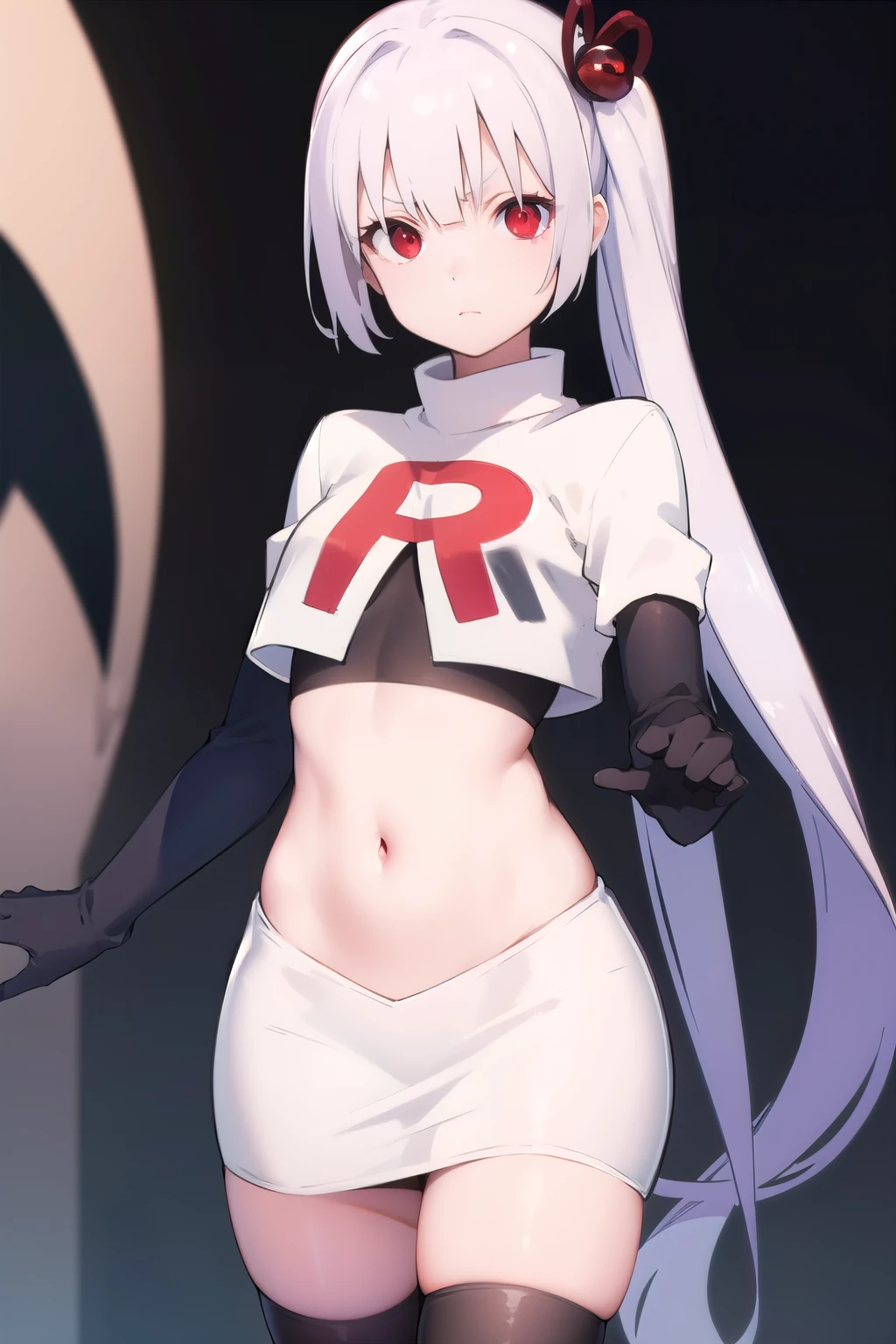 pheromosa, furry female, anthro, segmented body, long hair, solo, (best quality),dramatic lighting, looking at viewer, 2 fingersteam rocket,team rocket uniform,white skirt,crop top,black thigh-highs,black elbow gloves