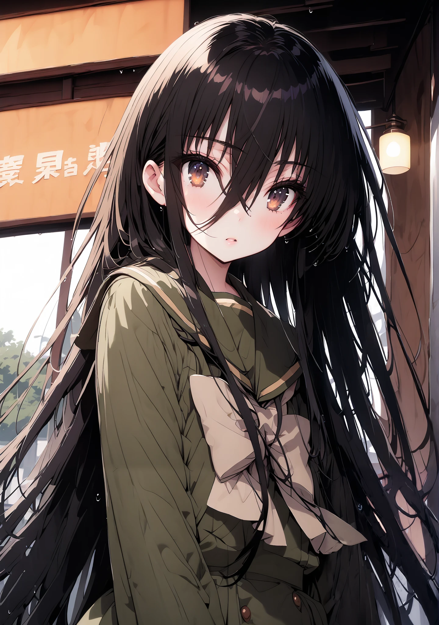 Shana, long hair,brown eyes, Alone, black hair, stupid hair, school uniform,  serafuku, green  serafuku,  bow tie, green  bow tie,  green shirt, green sailor collar,  Long Sleeve,  green skirt, button, Long Sleeve, black thigh high socks,loafers,rain, cloudy sky,rain宿り,standing,whole bodyがイラストに入るように,                                               break outdoors,A bus stop with a roof,
break looking at viewer,whole body,
break (masterpiece:1.2),TOP QUALITY , kampala, Unity 8K Wallpaper ,(shape:0.8),(  fine, beautiful eyes  :1.6),It's a person ,whole body写真,CG Details , ( perfect hands,Complete Anatomy),