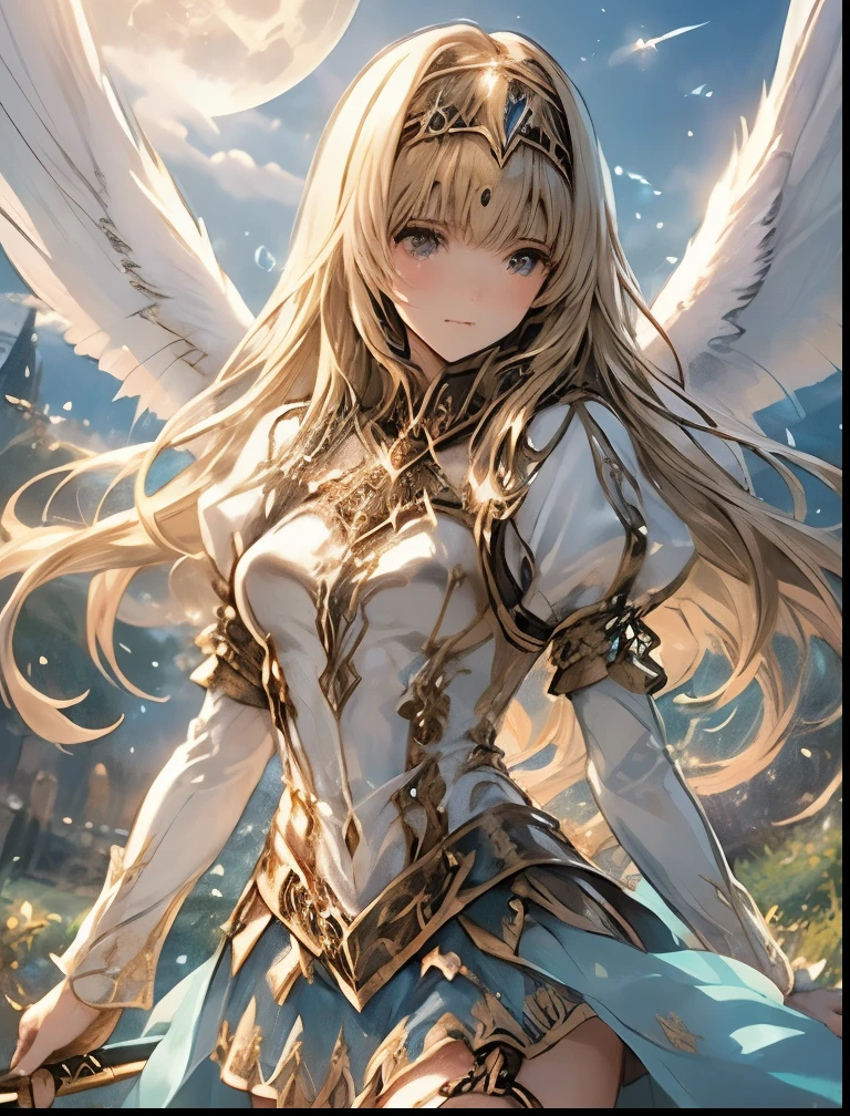 (((SFW、Highest quality、 first class masterpiece 、 Normal body 、8k、 detailed face 、 super precise、 real color 、5refer to、Highest)))、 Valkyrie 、『Valkyrie Profile 2』、Golden Hair 、 long hair、 short、Big Breasts、 slender、 slim、 Navel Exposure 、Pink Heart Dirty Print on Navel、Muscle Exposure、Half naked、Nipple Sheer Ultrathin Transparent Pure White Dress、Ultra Thin Transparent Pure White Mini Skirt、 slave iron collar 、The Great Sword of Light、Excalibur Landgreese、Heavenly Wings、is embarrassing、Throw a giant spear of light from above、moon、Sky、Aerial、 sacred、Nivernvalestin、Coalescence Goddess
