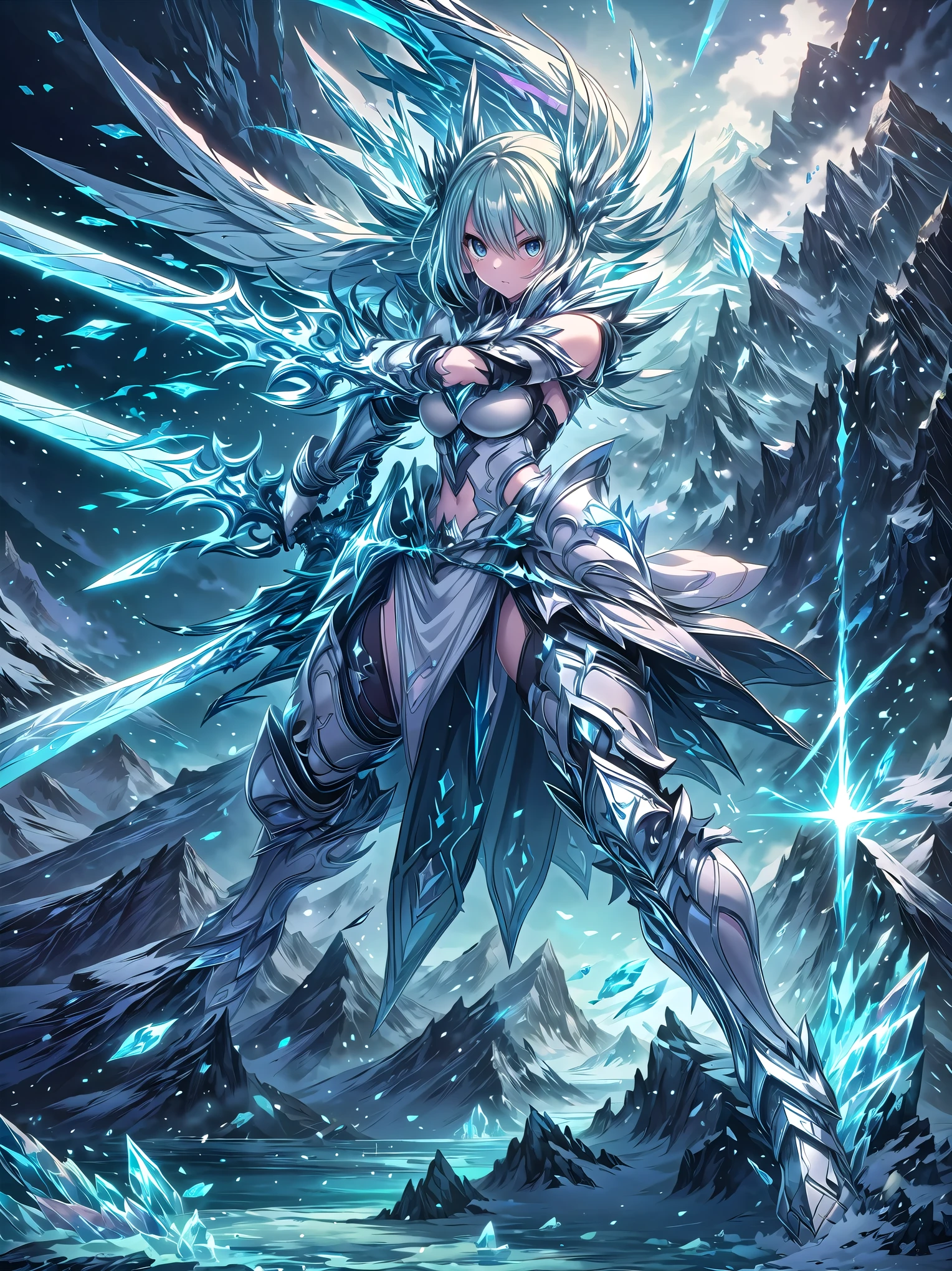 (((masterpiece, best quality, high detailed, 16k))), A girl holding a sword in her hand, female goddess, Ornate Sword, ice frozen sword, Planted Sword, (close-up of sword), light blue eyes, light blue hair, big breasts, white bikini dress, light blue cloak, powerful and fantastic full armor, cropped shoulders armor, plate armor, skinny waist, cleavage, thighs, thigh highs, glaring, weapon, (sword:1.3), fighting stance, dynamic angle, attack battle form, gripping, magnificent, epic, majestic, magical, fantasy art, cover art, ice and snow background surrounded by ice mountains. (detailed face), (detailed eyes), ((full body front view)), (extremely detailed:1.5)
